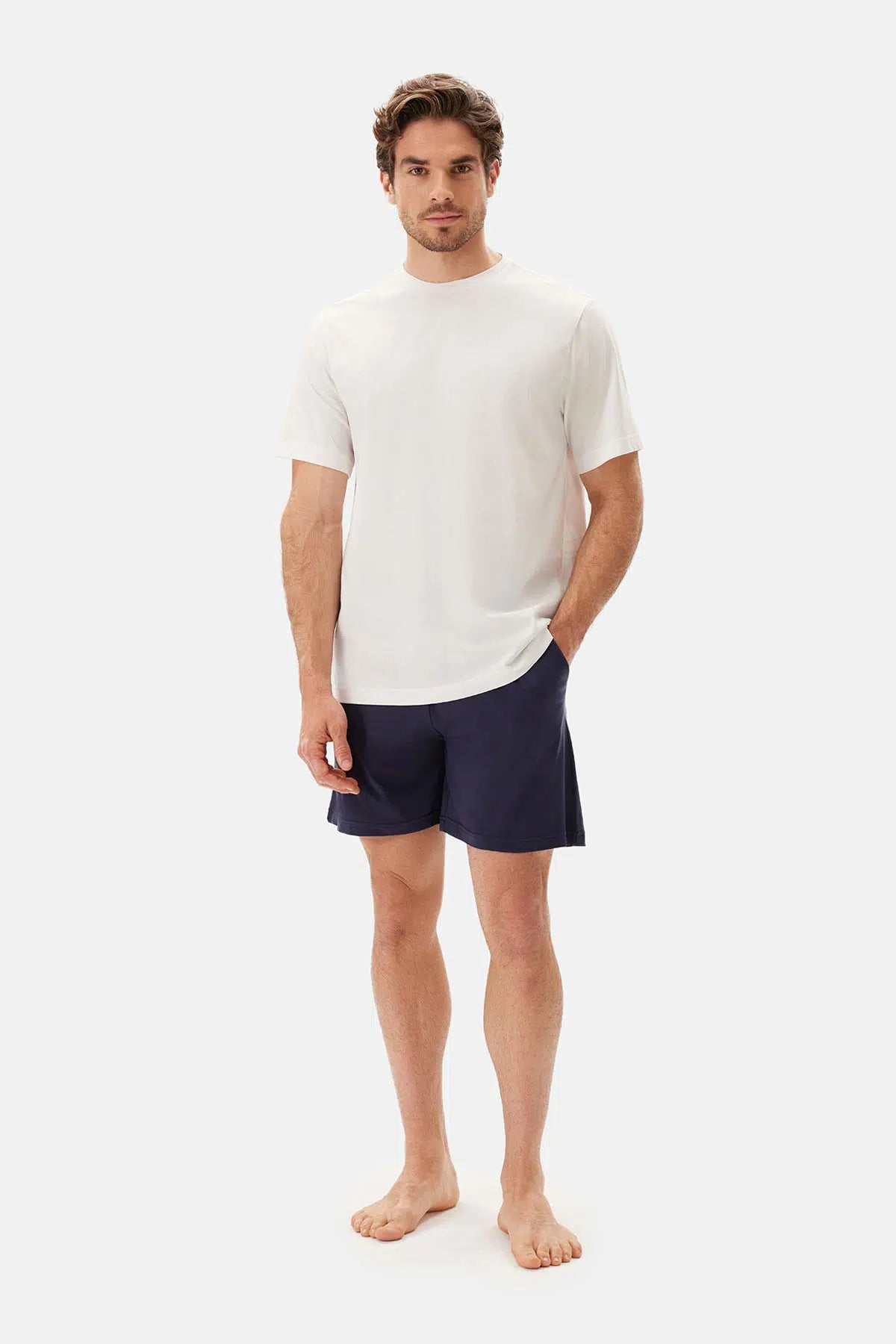 Ekru Bisiklet Yaka Kısa Kollu Tişört Şort Pijama Takımı