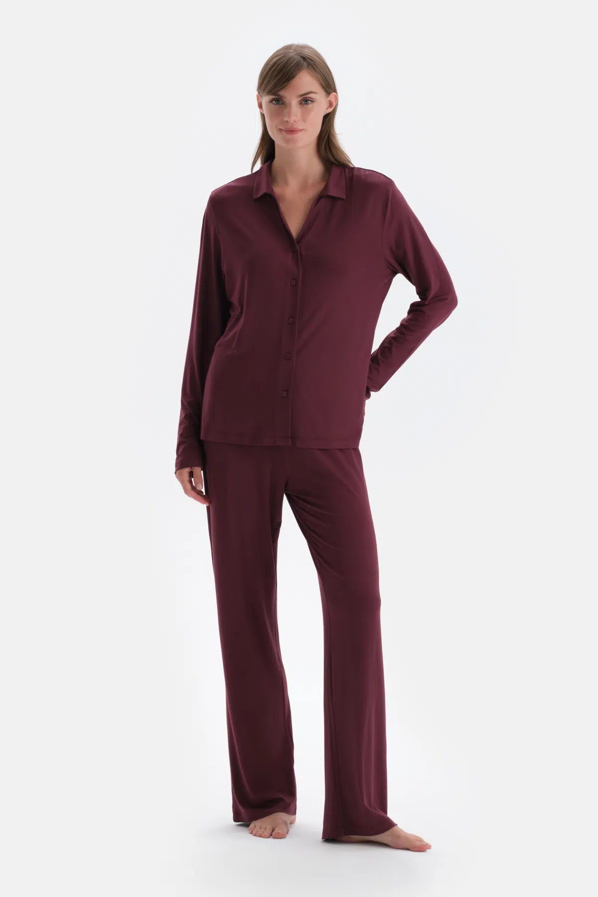 Bordo Basic Gömlek Yaka Modal Pijama Takımı