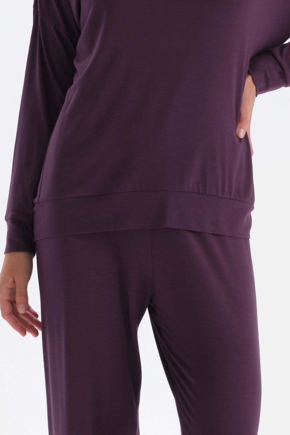 Mor Kayık Yaka Uzun Kollu Penye Modal Örme Pijama Takımı