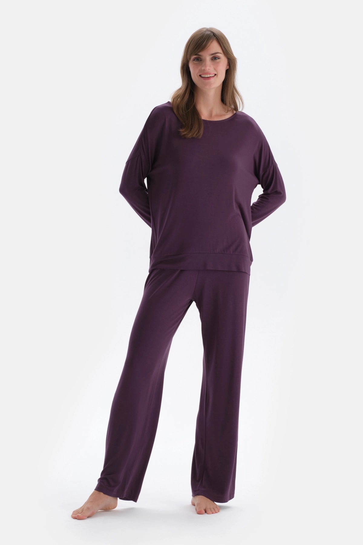 Mor Kayık Yaka Uzun Kollu Penye Modal Örme Pijama Takımı