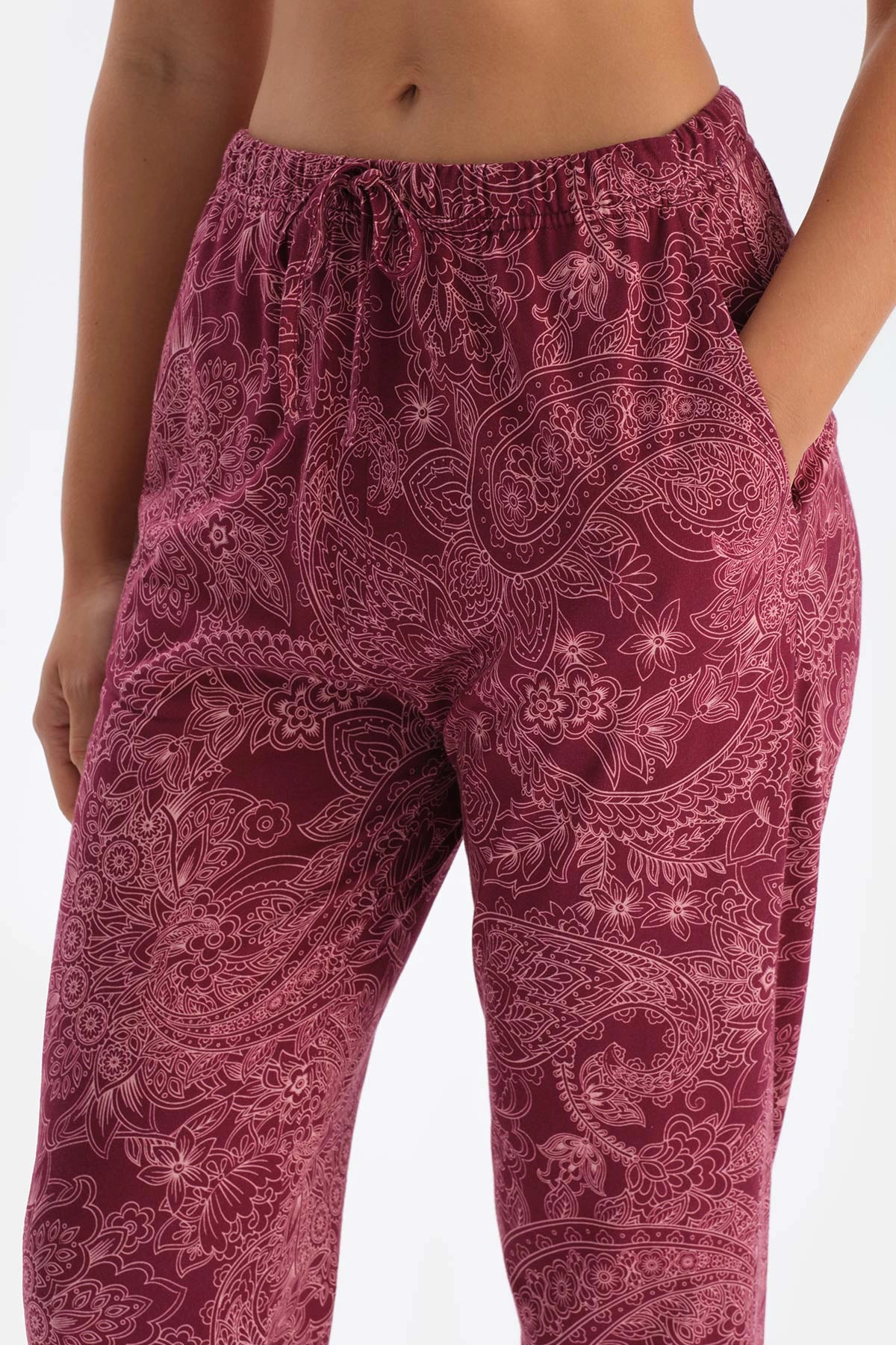 Bordo Şal Desenli Pamuk Modal Gömlek Pantolon Pijama Takımı