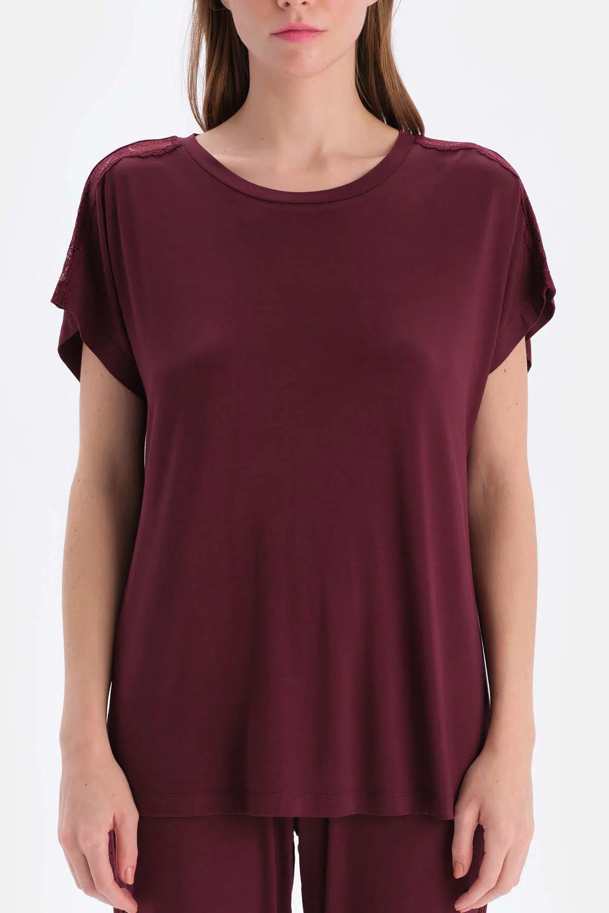 Bordo Dantel Garnili Viskon Tişört Pantolon Pijama Takımı