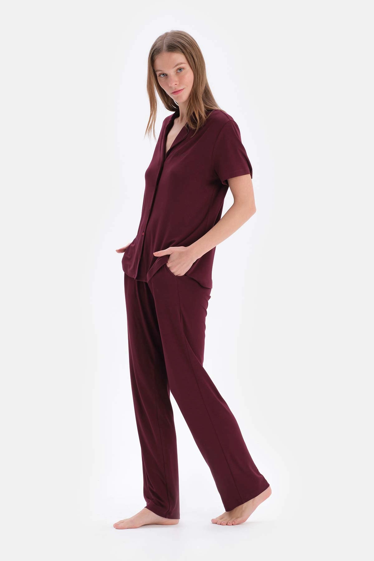 Bordo Viskon Gömlek Pantolon Pijama Takımı