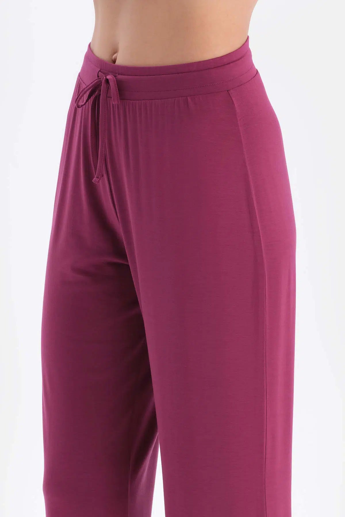 Bordo Kısa Kollu V Yaka Basıc Viskon Tişört Pantolon Pijama Takımı