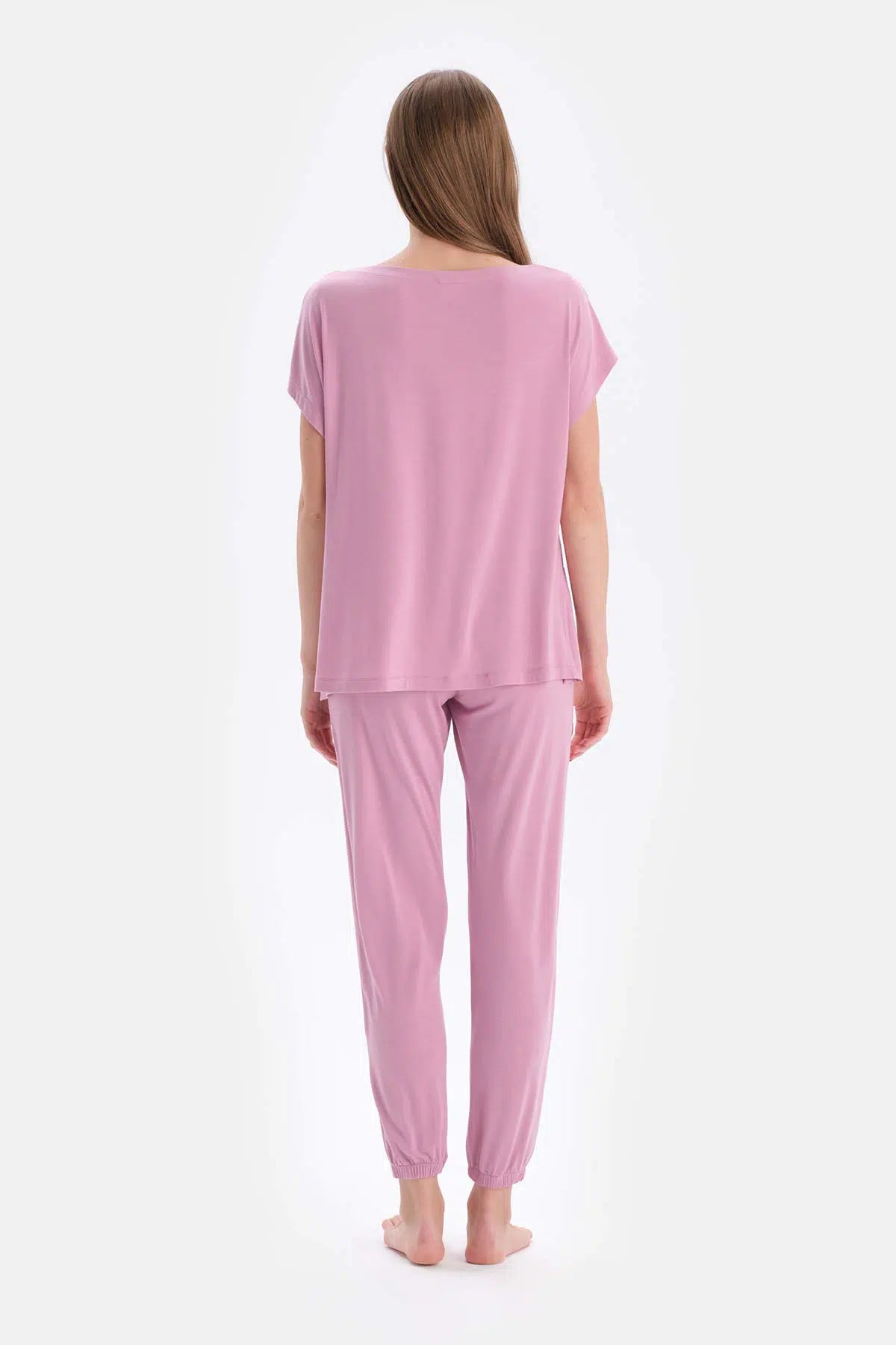 Lila Bisiklet Yaka Kısa Kollu Tişört Jogger Alt Pijama Takımı