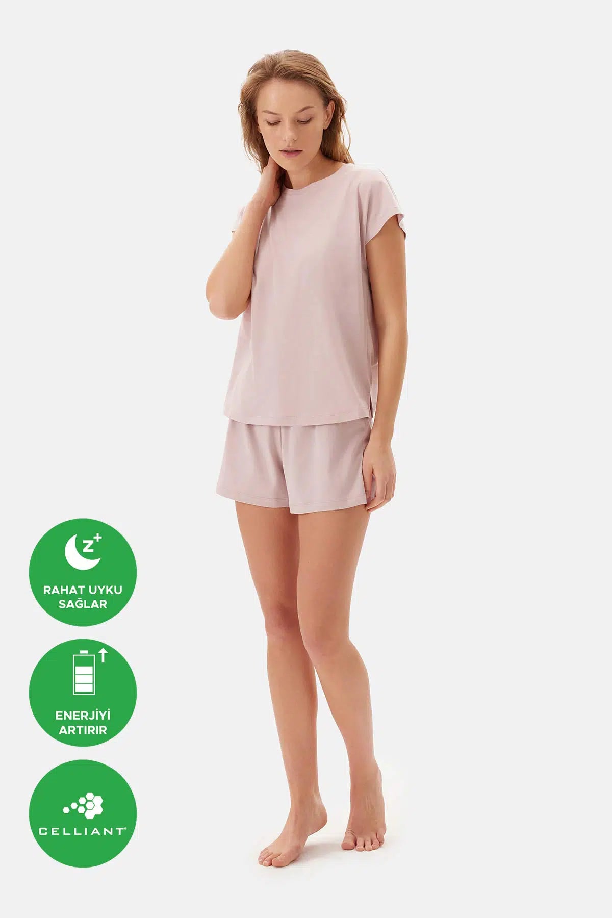 Pembe Kayık Yaka Celliant Şortlu Pijama Takımı