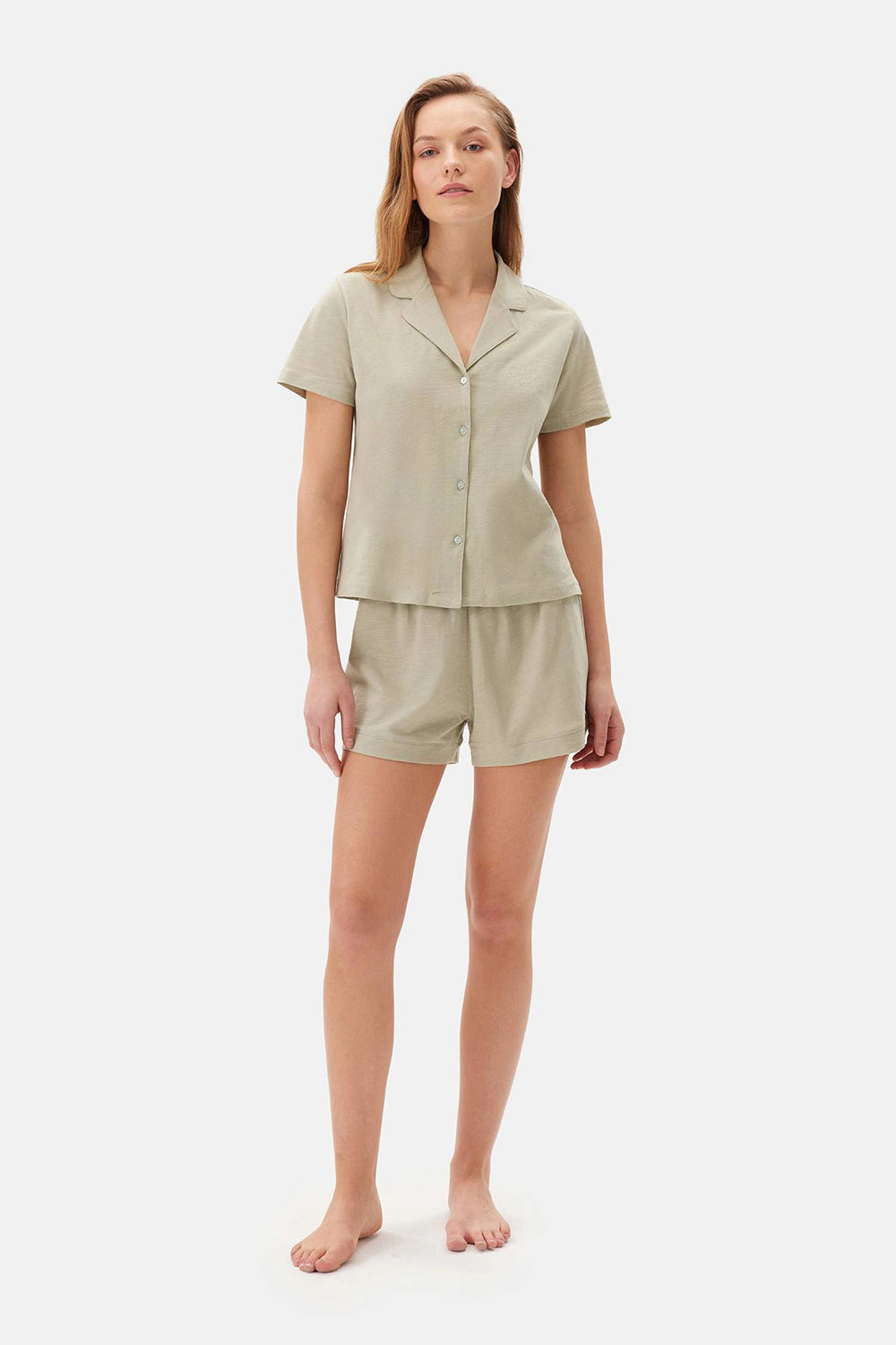 Açık Yeşil Kısa Kol Gömlek Yaka Şortlu Pijama Takımı