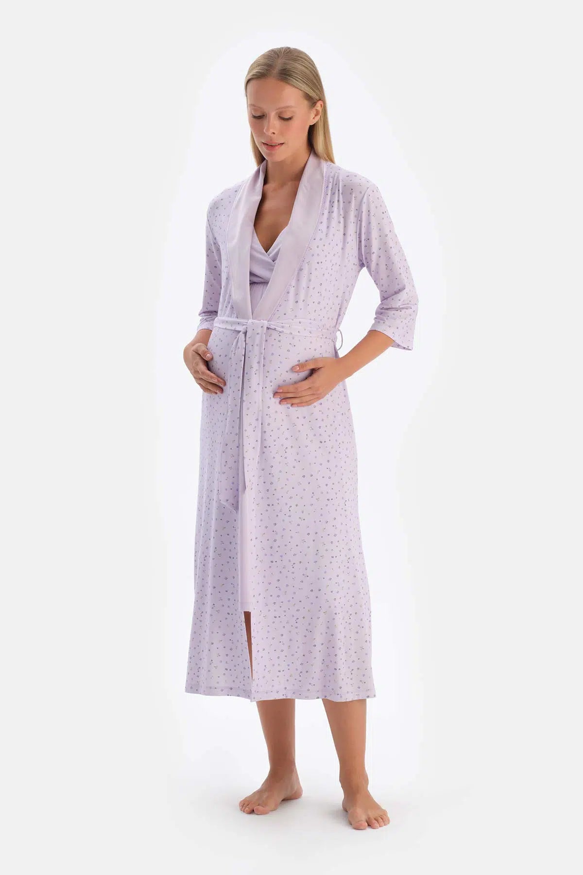 Lila Metraj Çiçek Baskılı Penye Modal Hamile Sabahlık