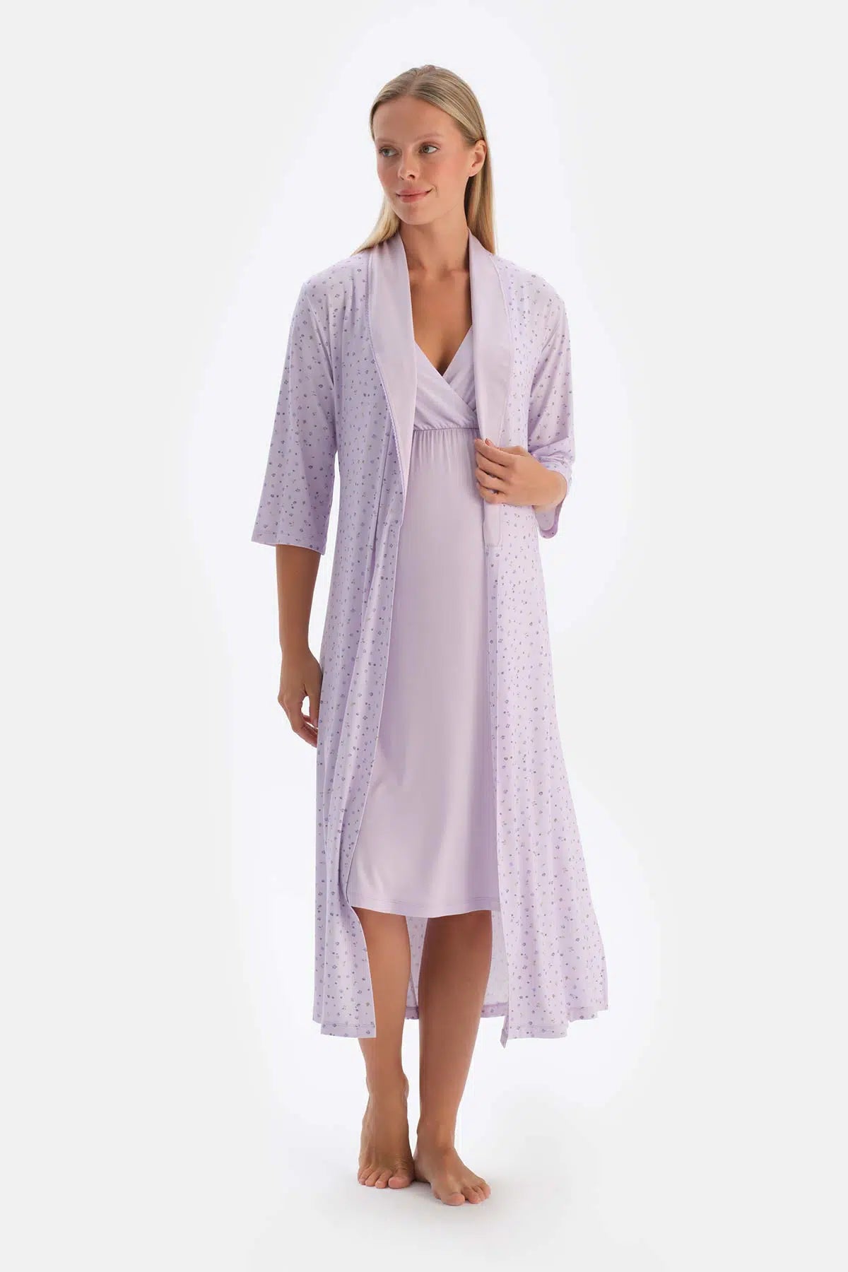 Lila Metraj Çiçek Baskılı Penye Modal Hamile Sabahlık