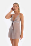 Açık Gri Dantel ve Sim Detaylı Babydoll
