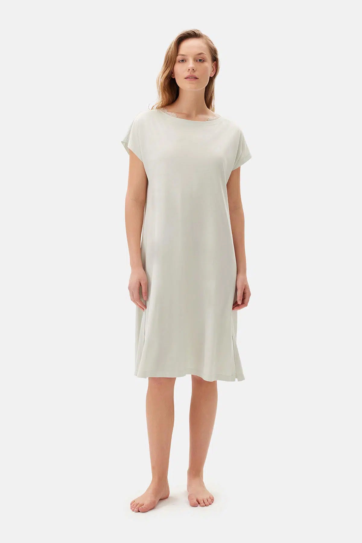 Su Yeşili Su i Dantel Detaylı Örme Gecelik