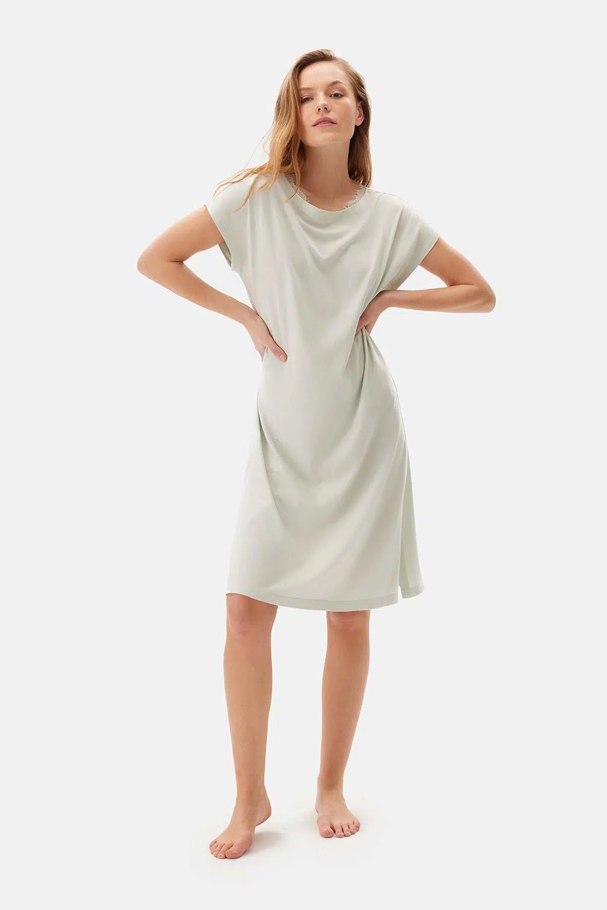 Su Yeşili Su i Dantel Detaylı Örme Gecelik