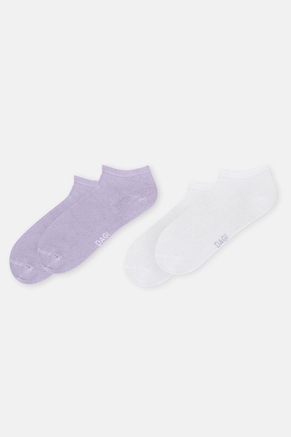 Beyaz-Lila Kadın 2'Li Bambu Basıc Patik Çorap