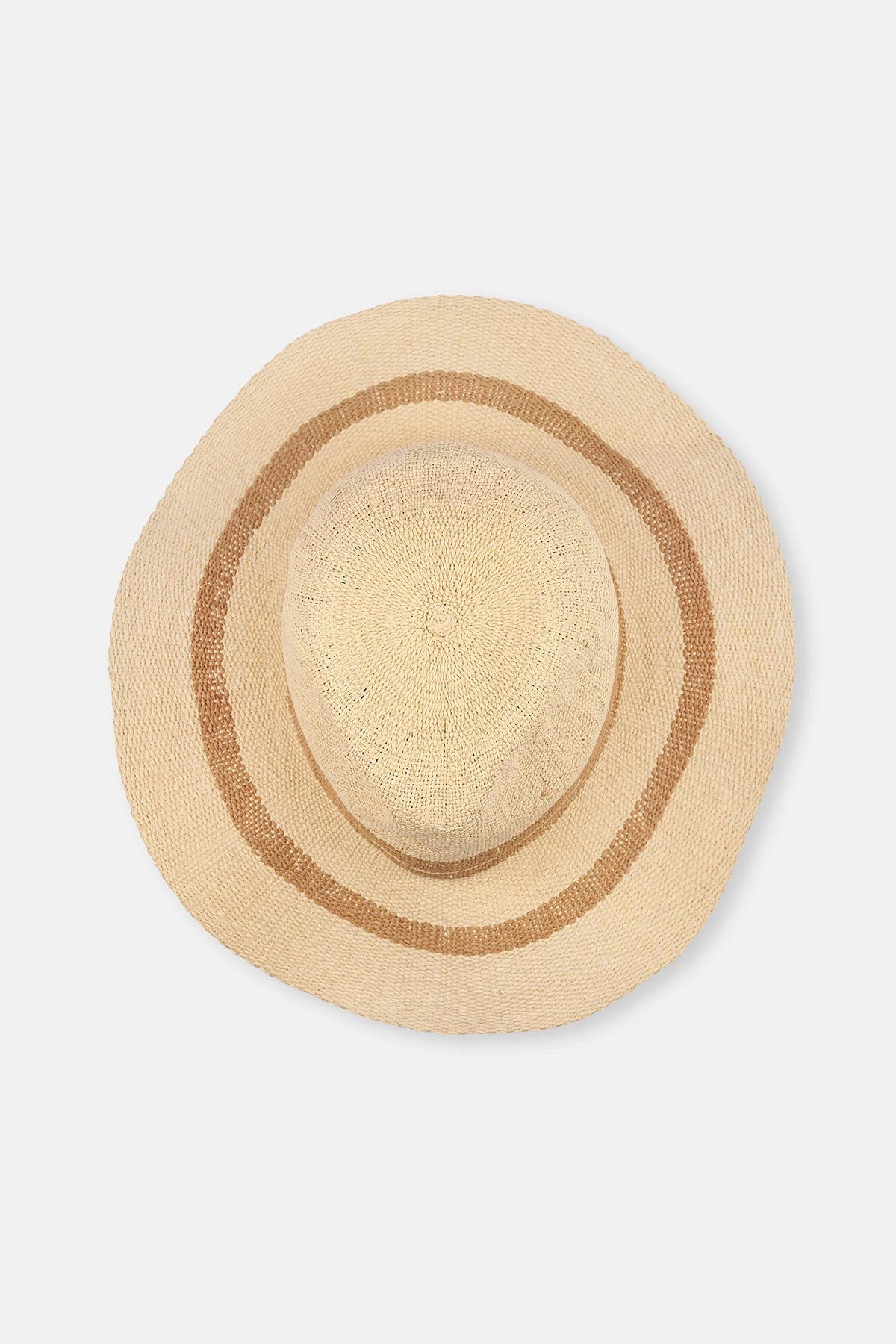 Ekru Çizgi Desenli Hasır Şapka