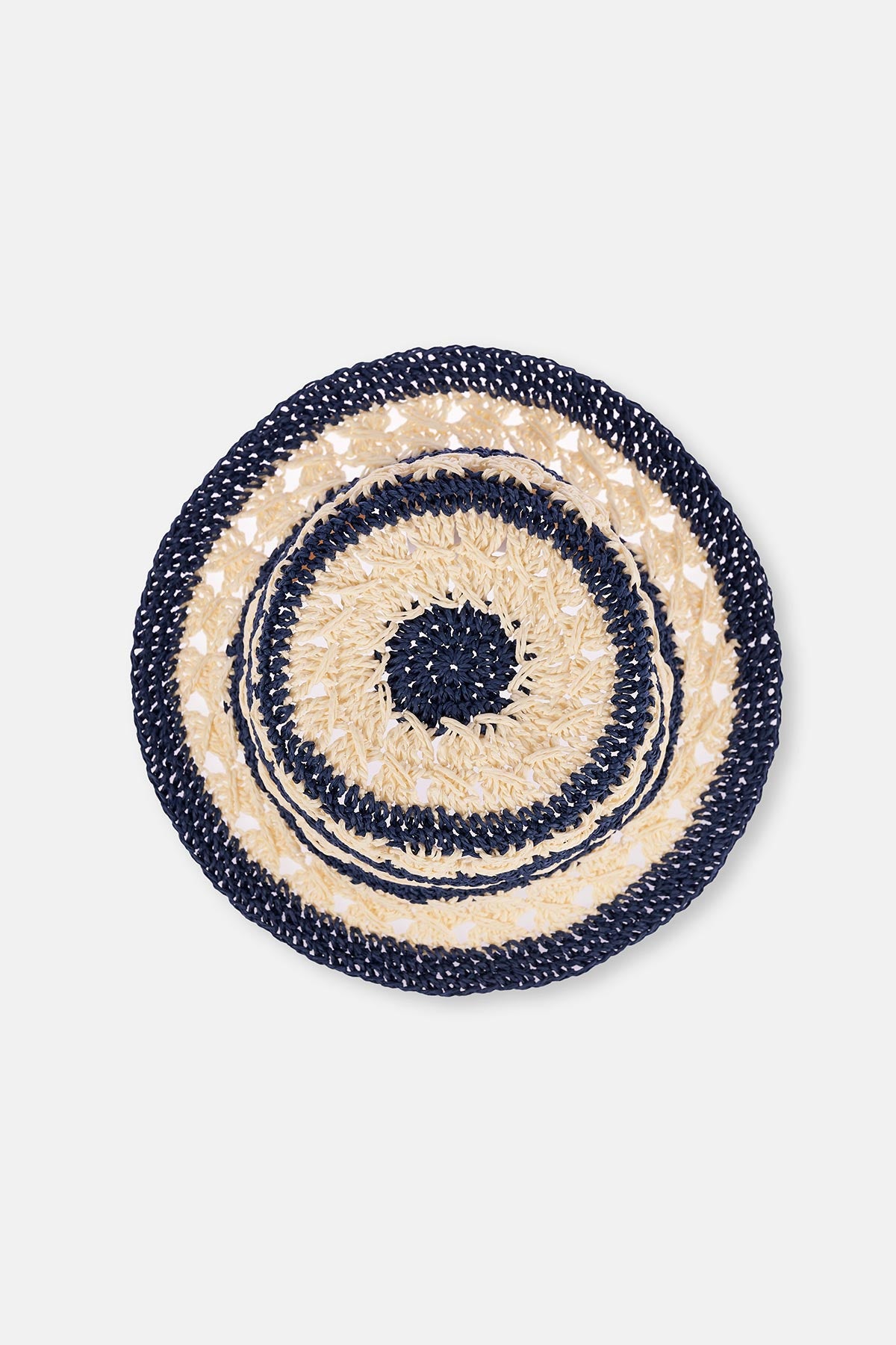 Ekru-Lacivert Çizgi Desenli Hasır Şapka