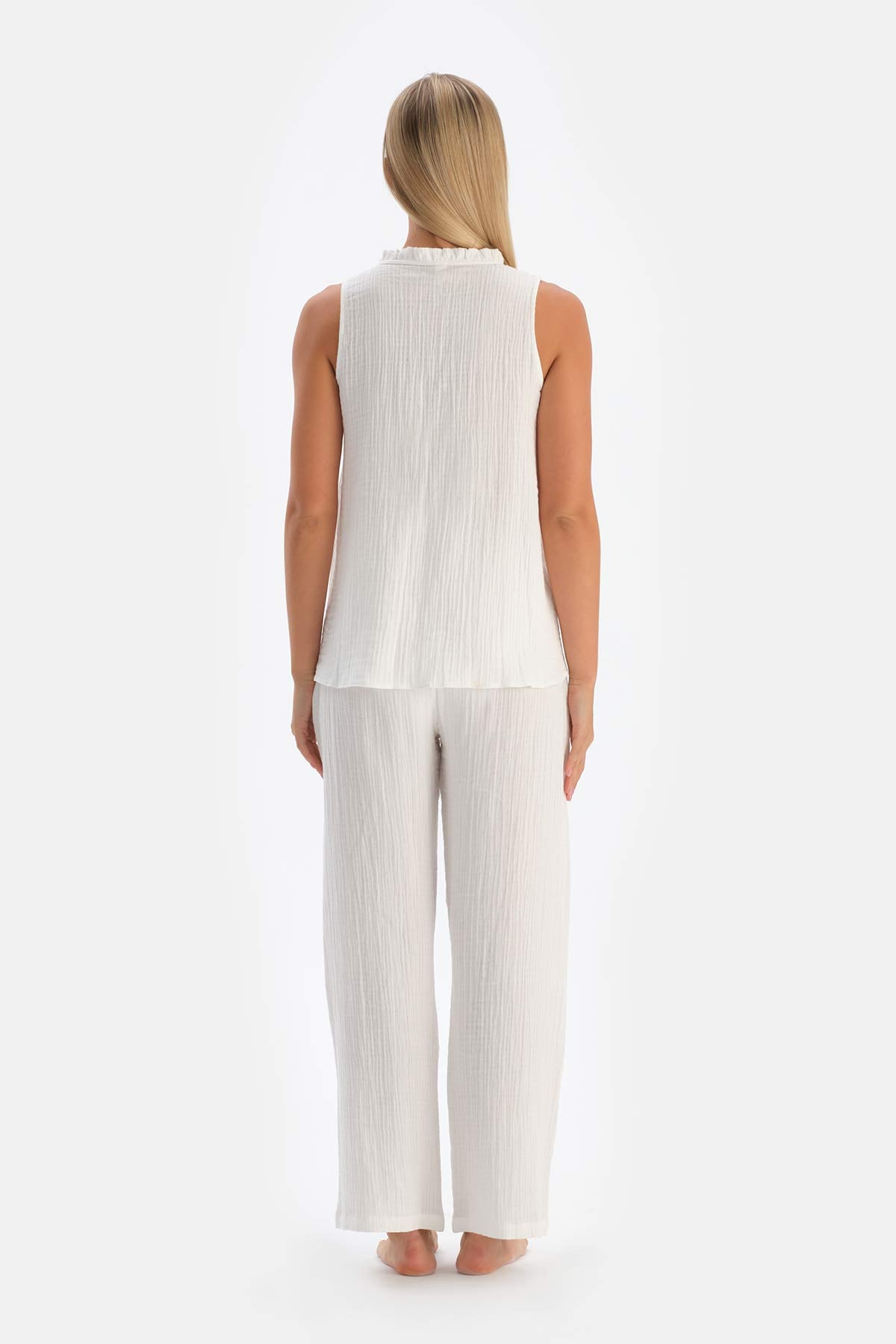 Beyaz Fırfırlı Patlı Müslin Hamile Pijama Üstü