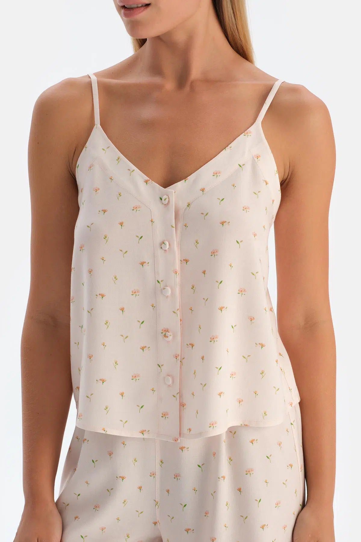 Kırık Beyaz Ince Askılı Desenli Dokuma Pijama Üstü