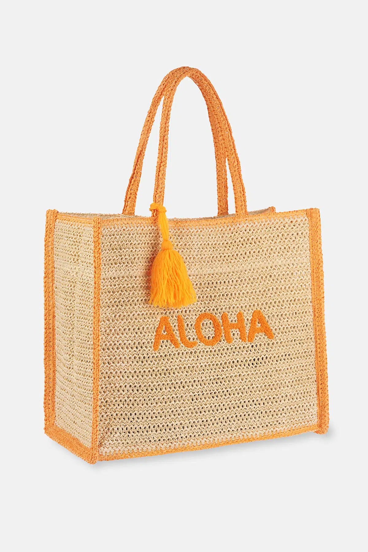 Ekru Aloha Desenli Hasır Plaj Çantası