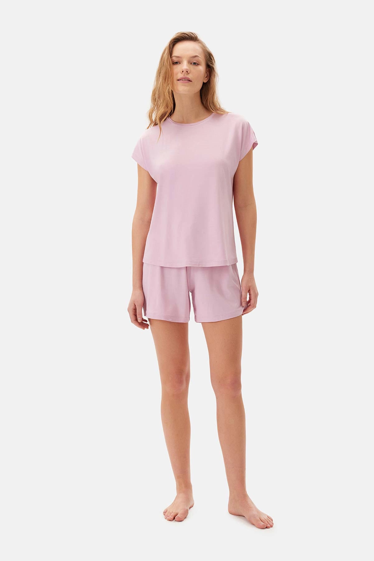 Açık Pembe Kayık Yaka Viskon Şortlu Pijama Takımı