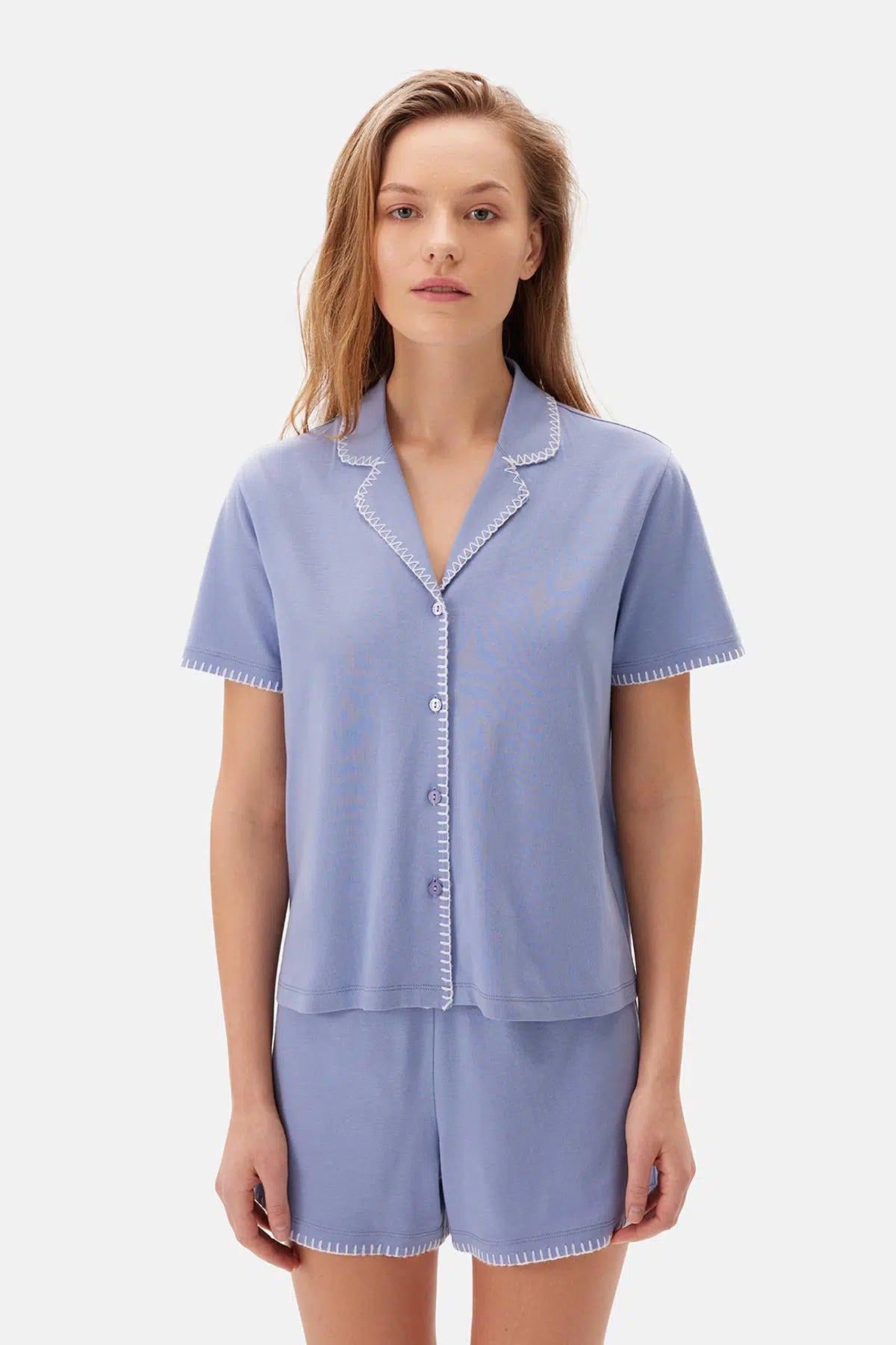 Mavi Kısa Kol Çoban Dikişli Modal Şortlu Pijama Takımı
