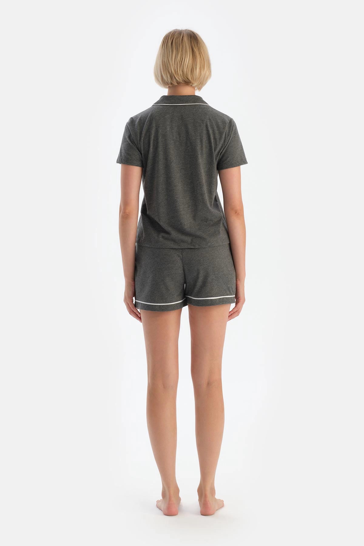 Antrasit Melanj Biye Detaylı Basic Şortlu Pijama Takımı