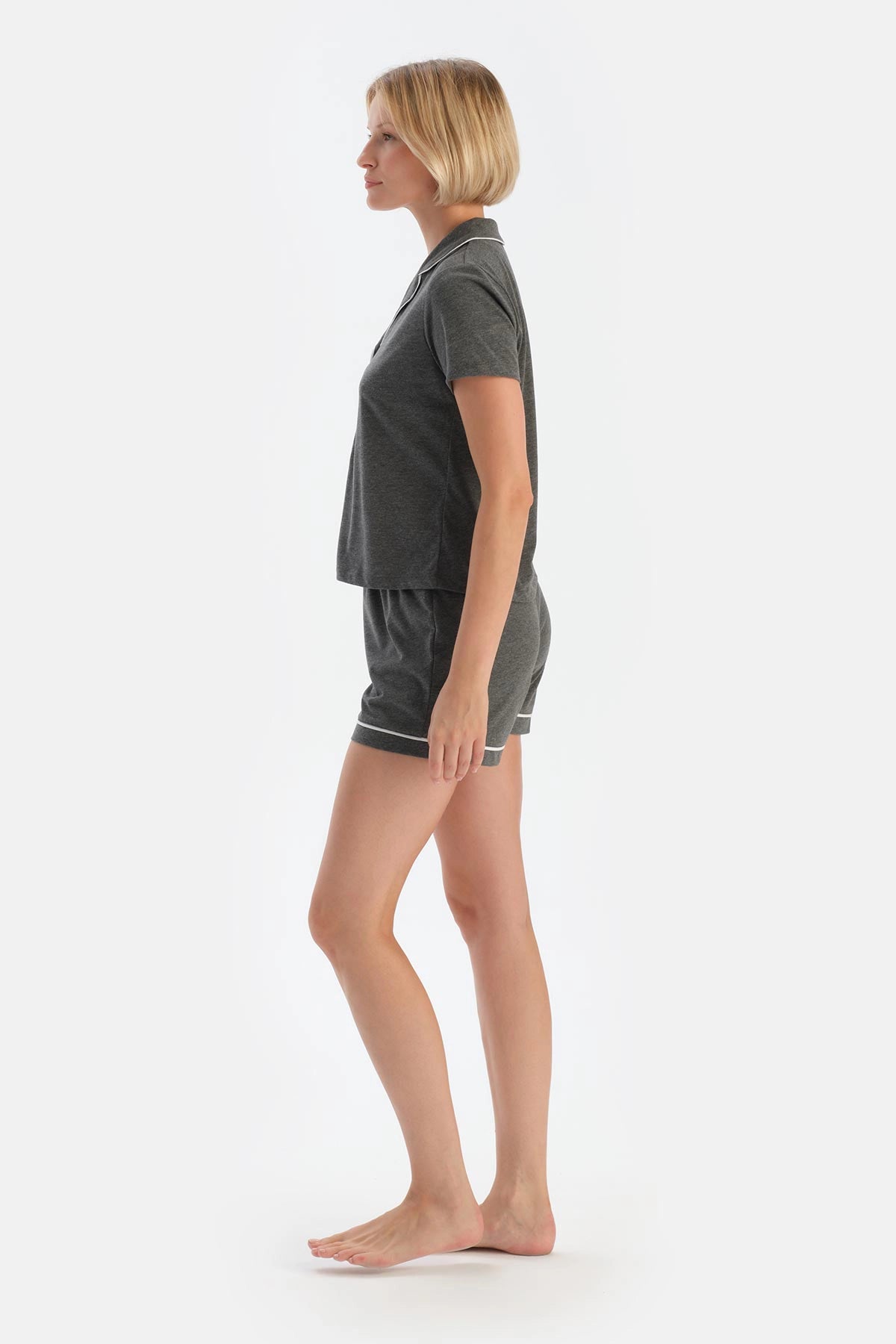 Antrasit Melanj Biye Detaylı Basic Şortlu Pijama Takımı