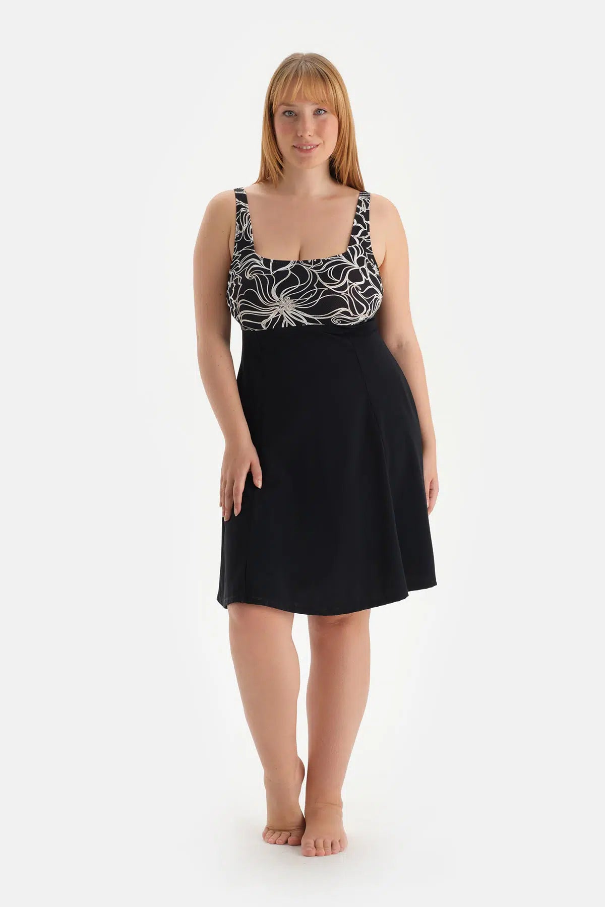 Beyaz-Siyah Korseli Toparlayıcı Elbiseli Mayo