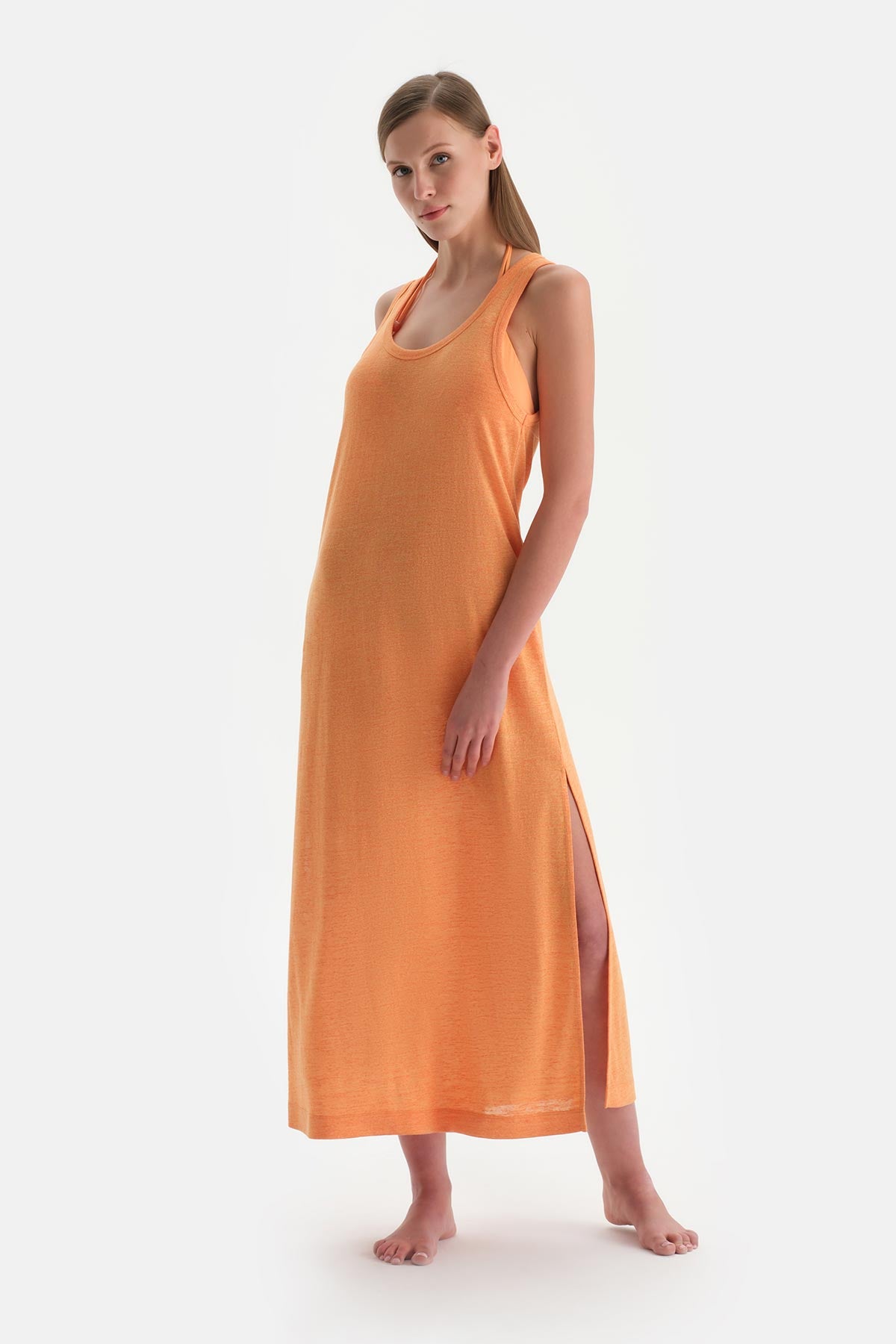 Turuncu Kalın Askılı Kolsuz Elbise