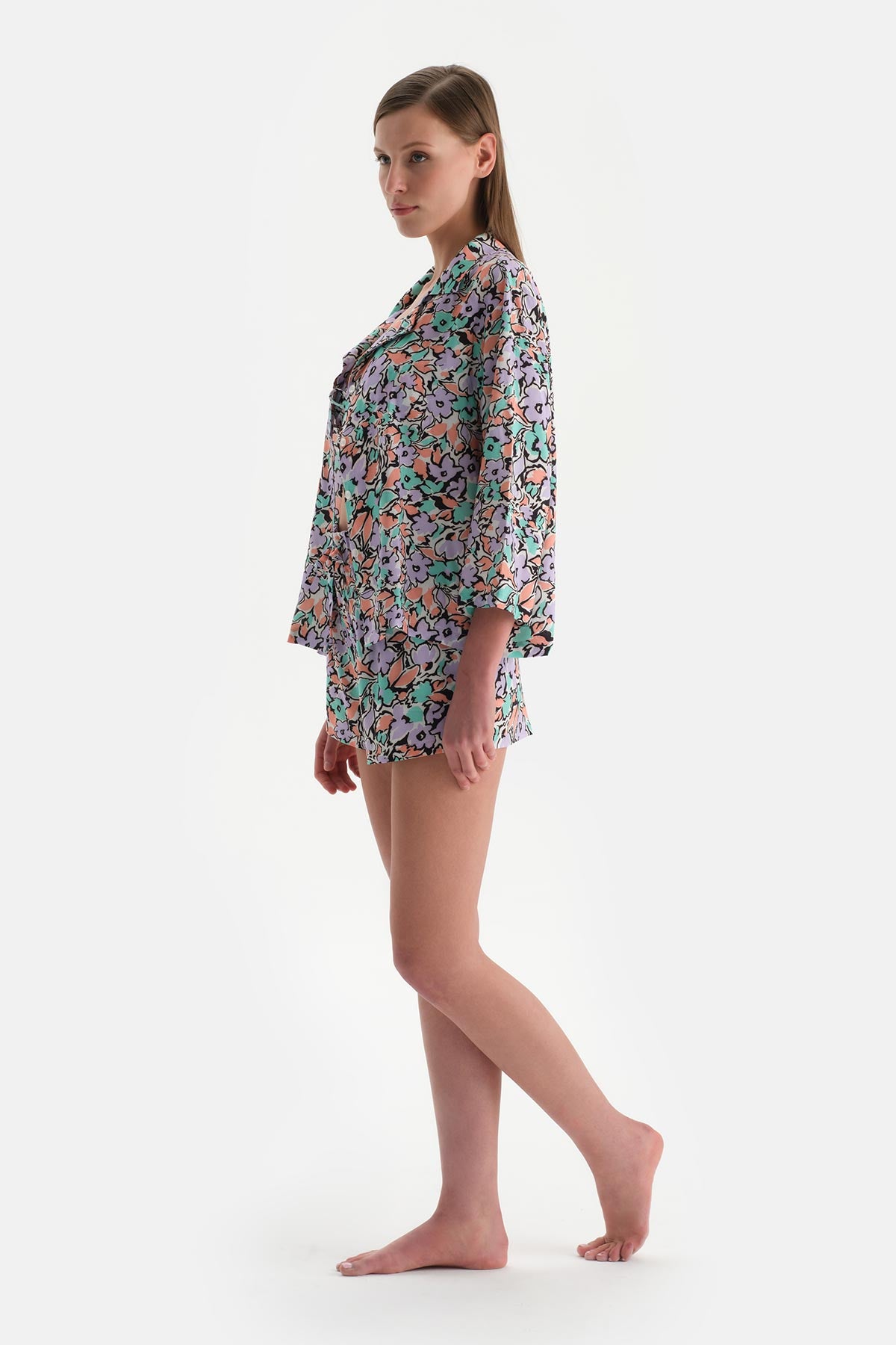 Ekru-Lila Kısa Kol Gömlek Pareo