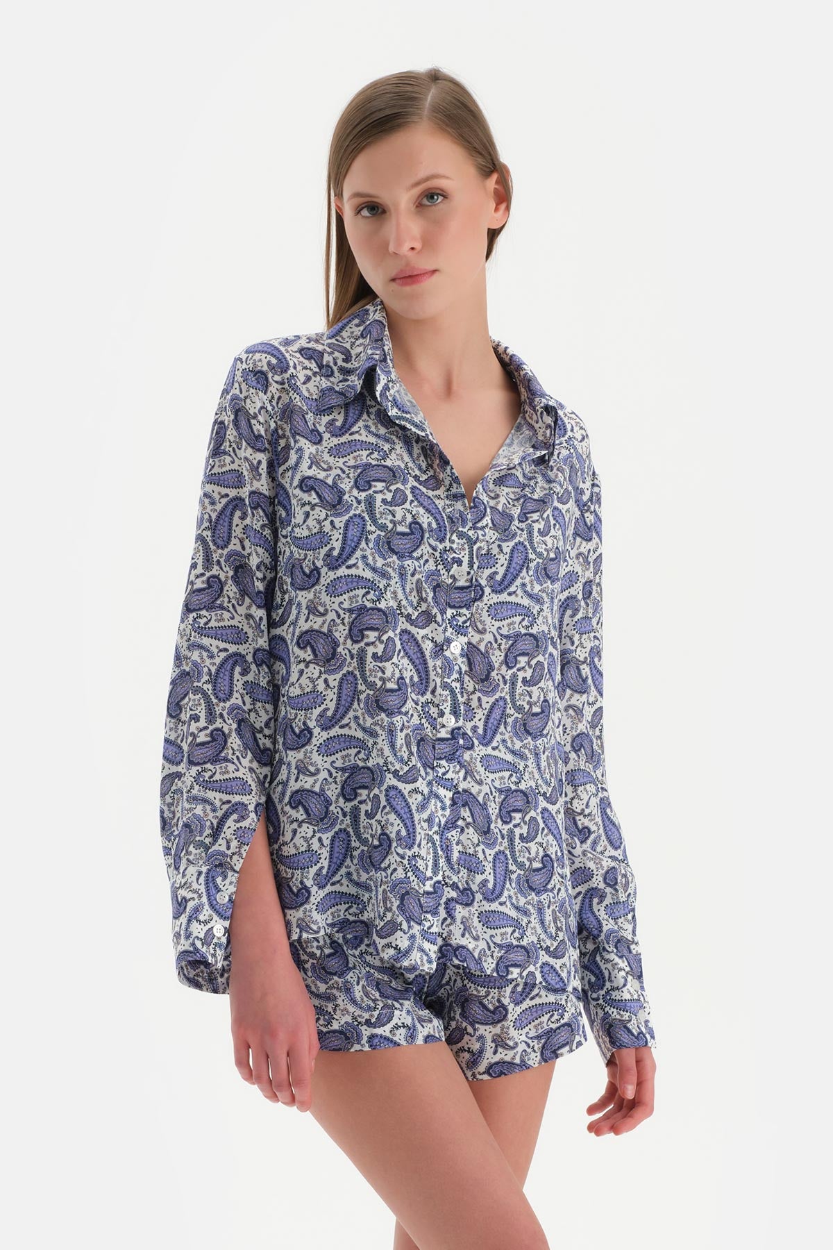 Ekru-Mor Uzun Kimono