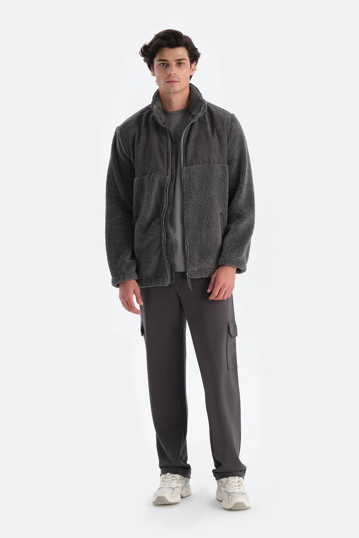 Gri Erkek Önden Fermuarlı Kadife Detaylı Polar Sweatshırt