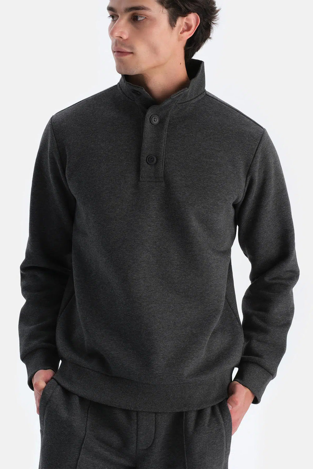 Antrasit Melanj Erkek Düğme Yakalı Içi Şardonlu Sweatshırt