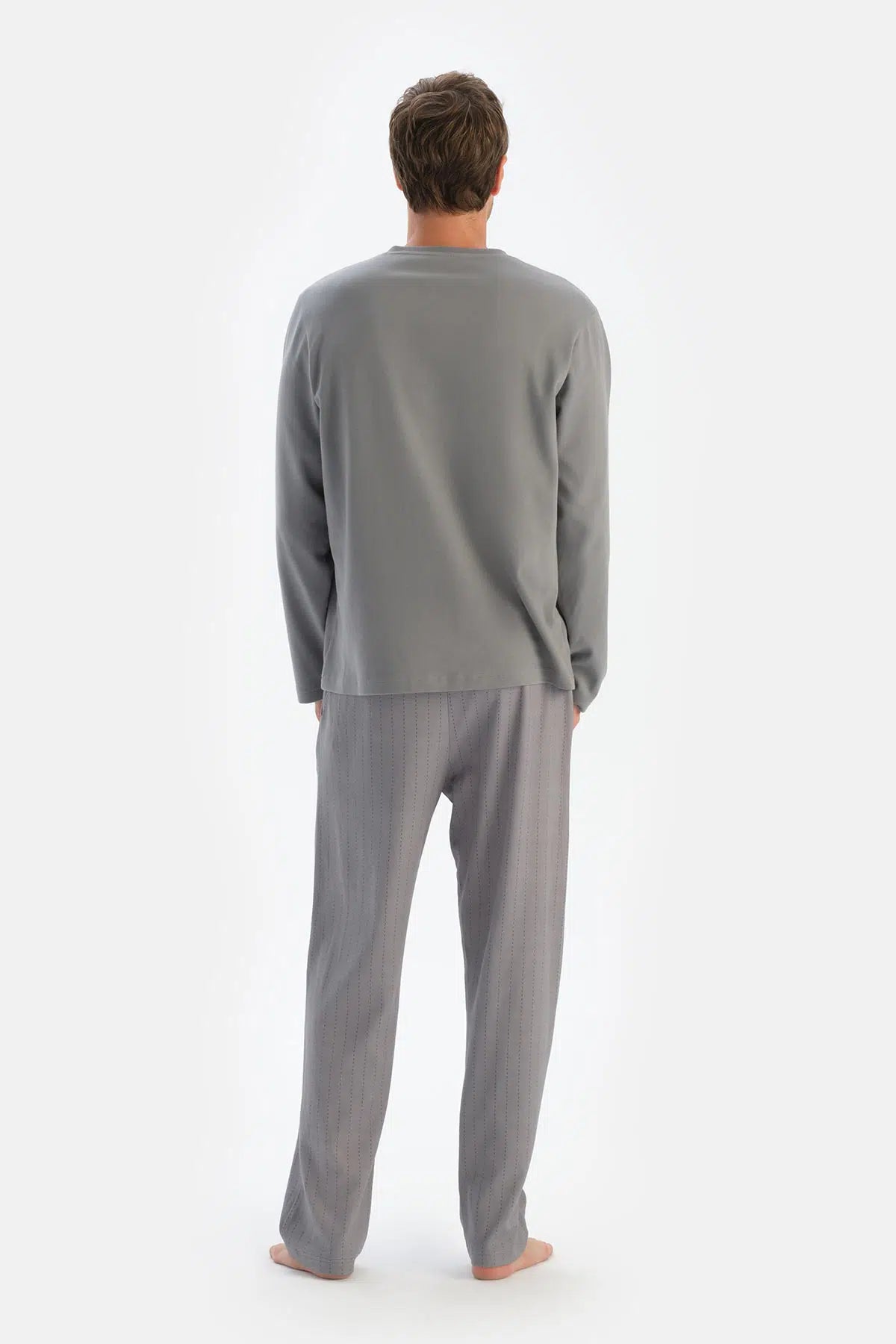 Gri V Yaka Fleto Cepli Tişört Pantolon Pijama Takımı