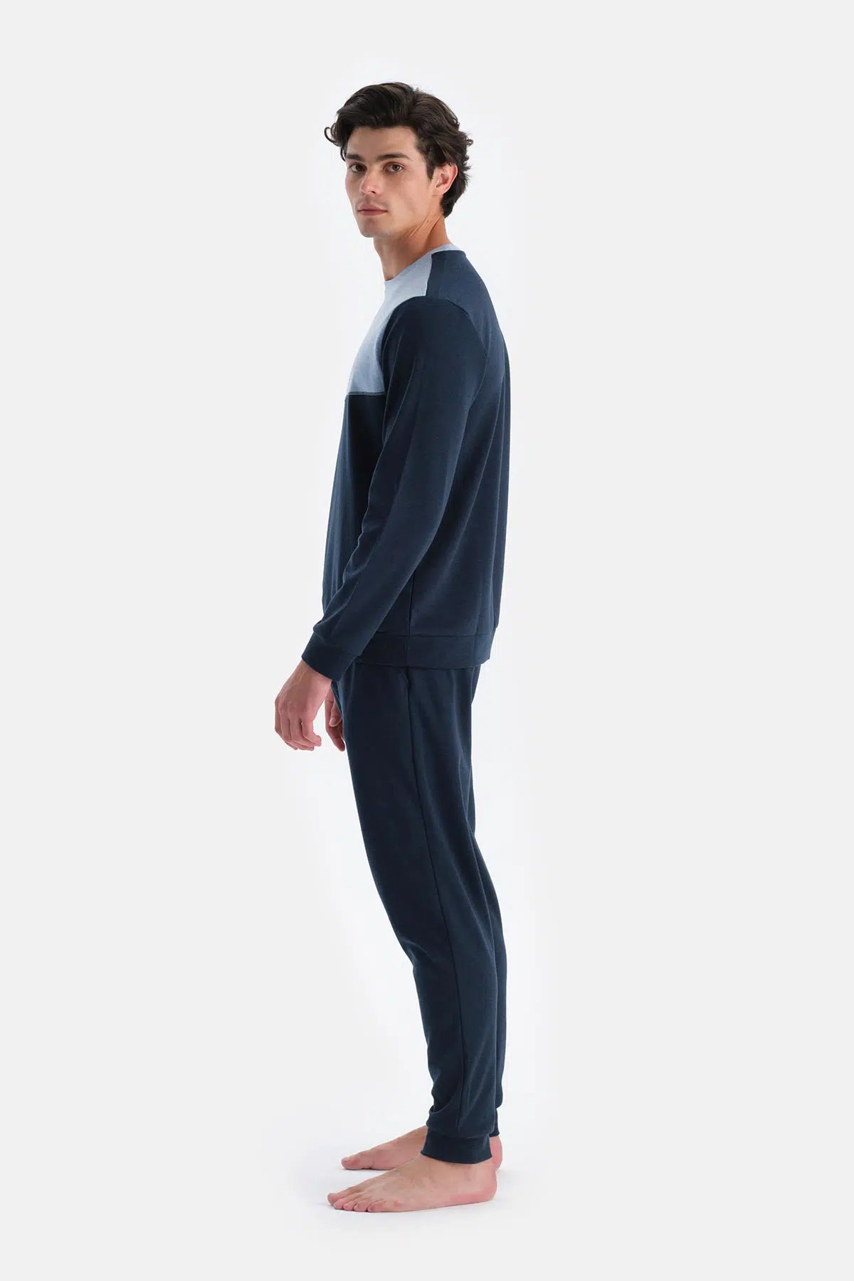 Indigo Melanj Bisiklet Yaka Uzun Kollu Jogger Pantolonlu Pijama Takımı