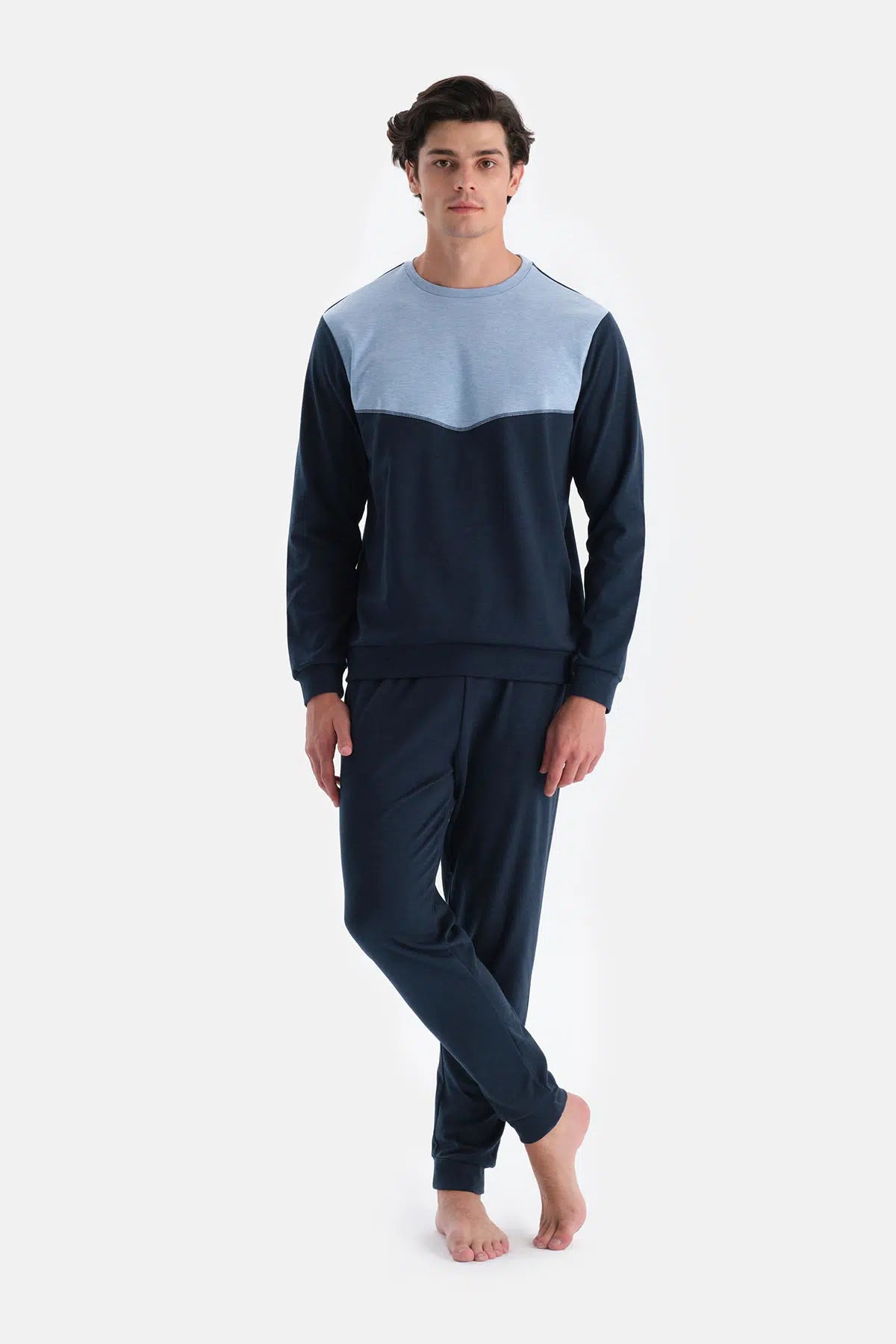 Indigo Melanj Bisiklet Yaka Uzun Kollu Jogger Pantolonlu Pijama Takımı