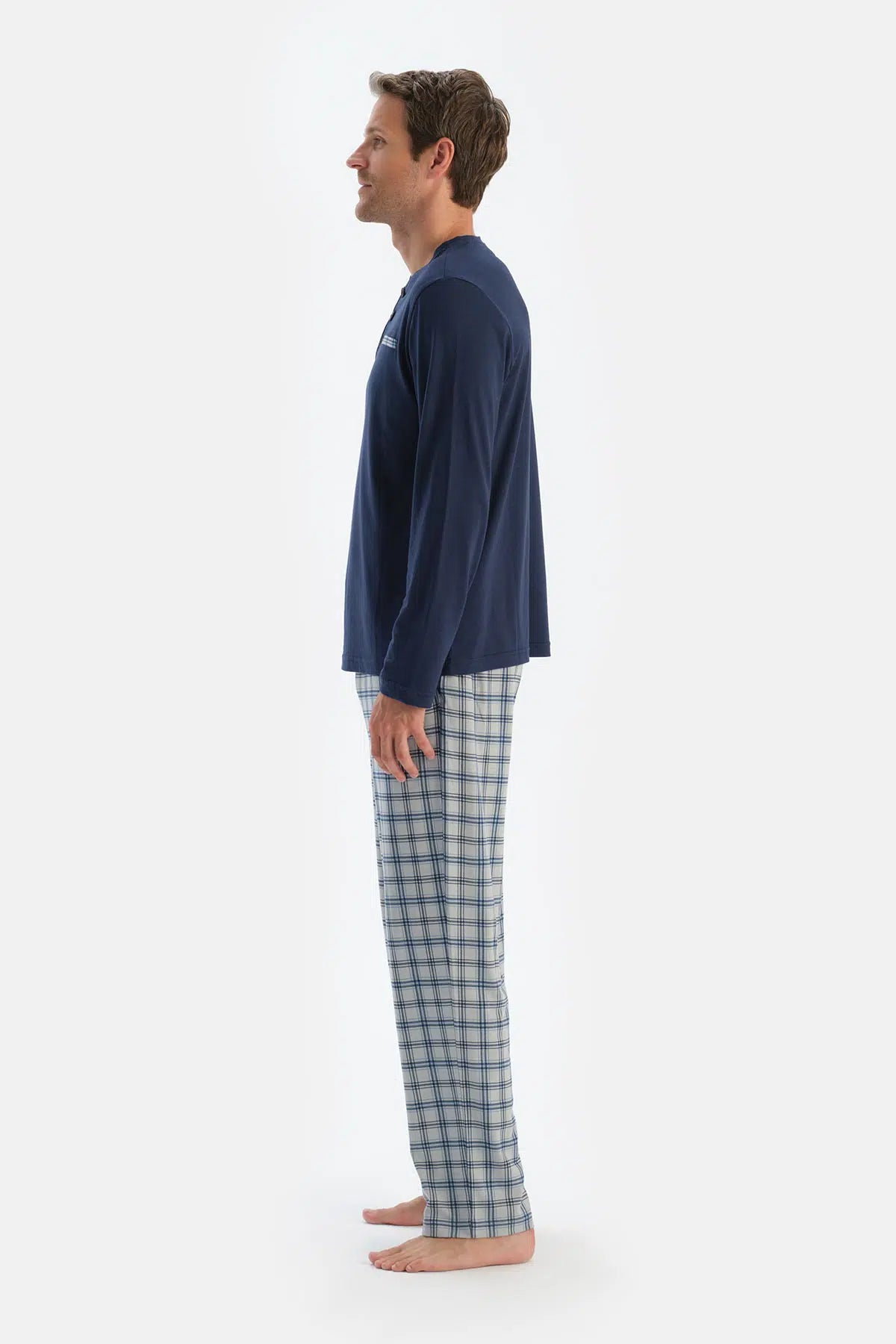 Indigo Patlı Fleto Cepli Ekose Pantolonlu Pijama Takımı
