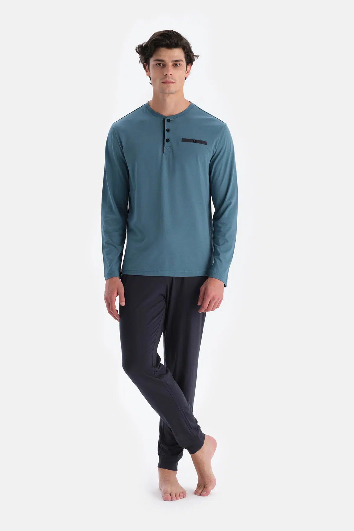 Mavi Yarım Patlı Uzun Kollu Jogger Pantolonlu Pijama Takımı