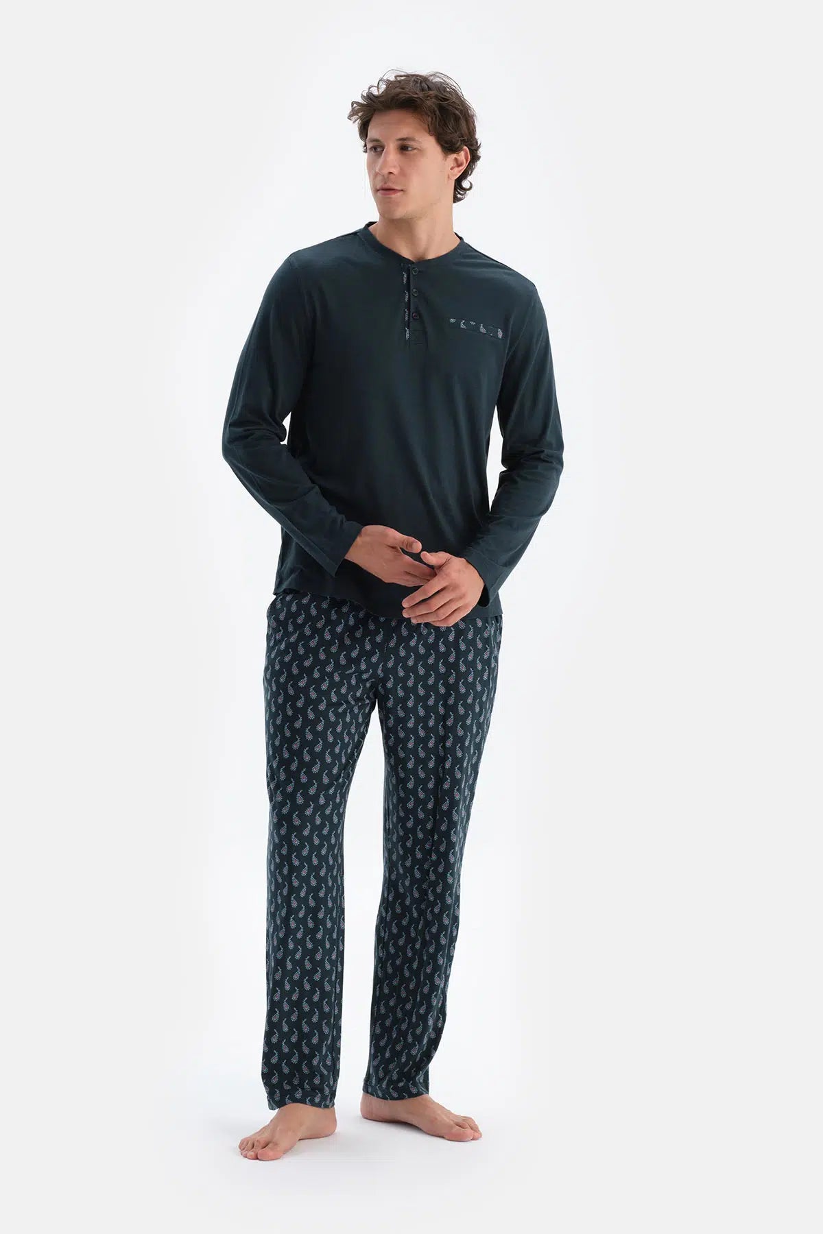 Lacivert Yarım Patlı Uzun Kollu Penye Modal Tişört Pantolon Pijama Takımı