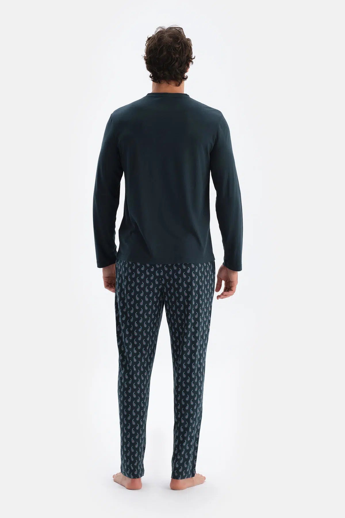 Lacivert Yarım Patlı Uzun Kollu Penye Modal Tişört Pantolon Pijama Takımı