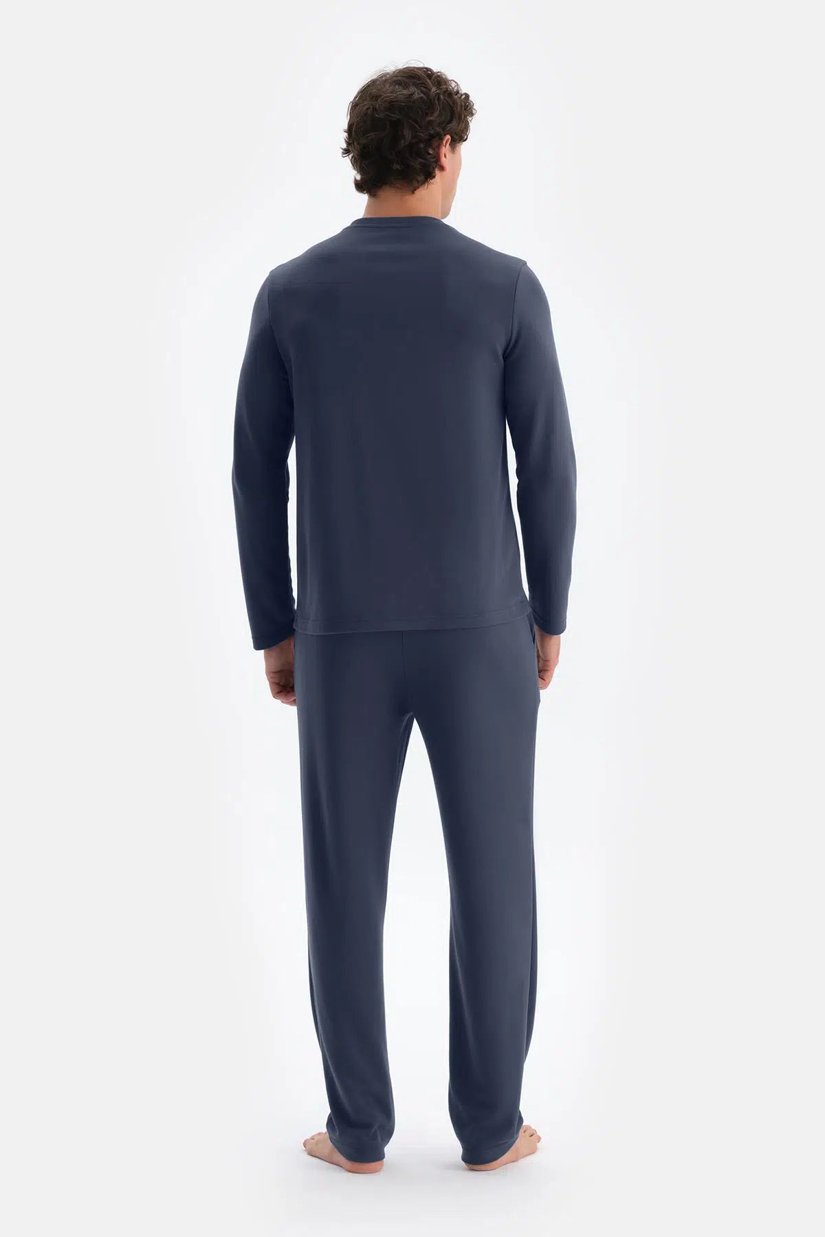Lacivert Yarım Patlı Uzun Kollu Tişört Pantolon Pijama Takımı