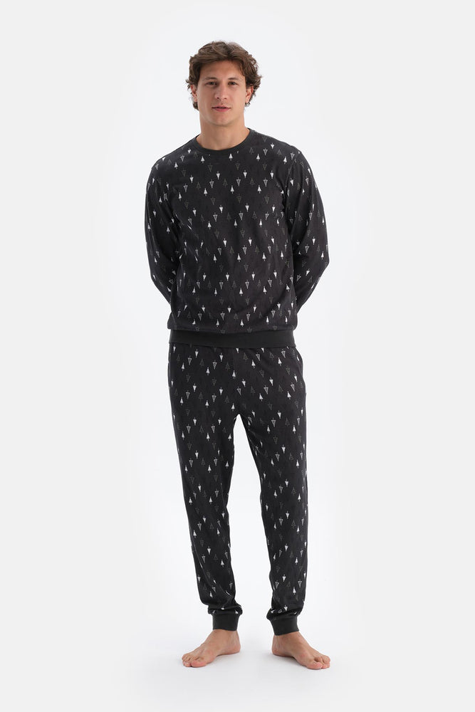 Antrasıt Metraj Desenli Ipek Apre Interlok Pijama Takımı
