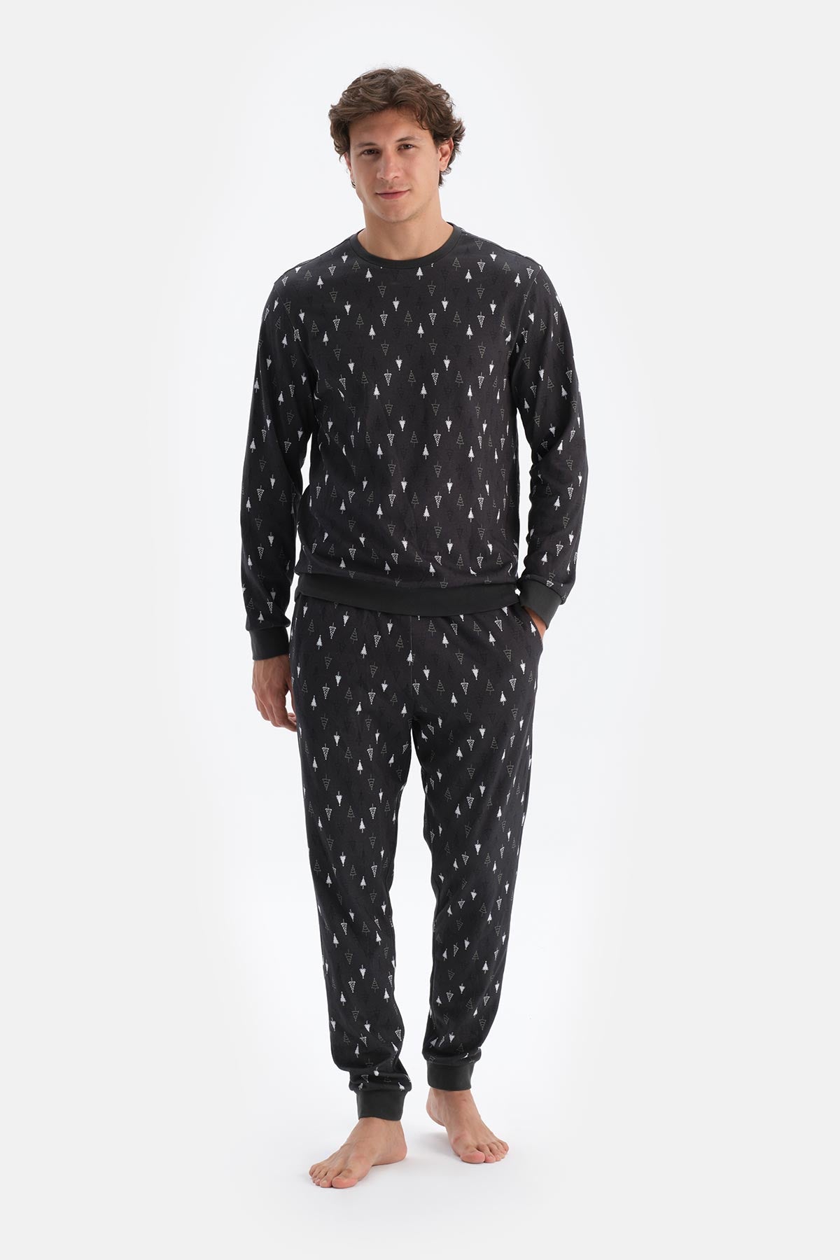 Antrasıt Metraj Desenli Ipek Apre Interlok Pijama Takımı