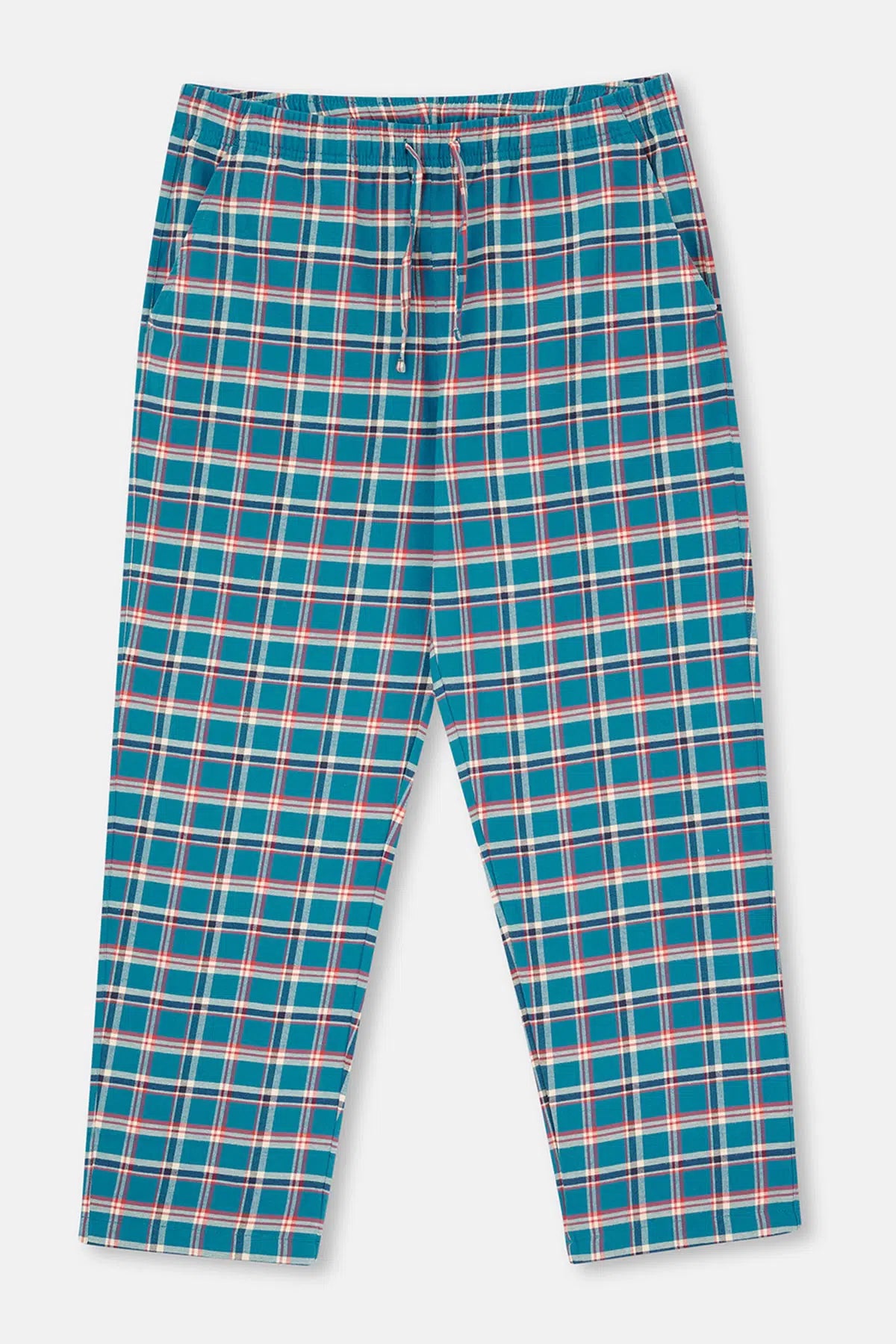 Bej Melanj Yarım Patlı Uzun Kollu Ekose Pantolonlu Pijama Takımı
