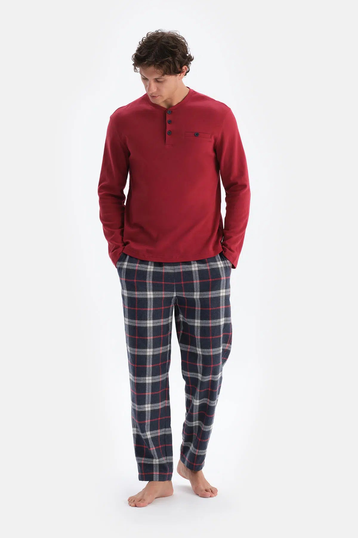 Bordo Yarım Patlı Uzun Kollu Ekose Pantolonlu Pijama Takımı