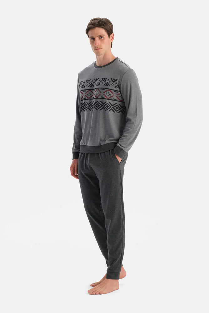 Antrasit Melanj Jakar Desenli Interlok Pijama Takımı