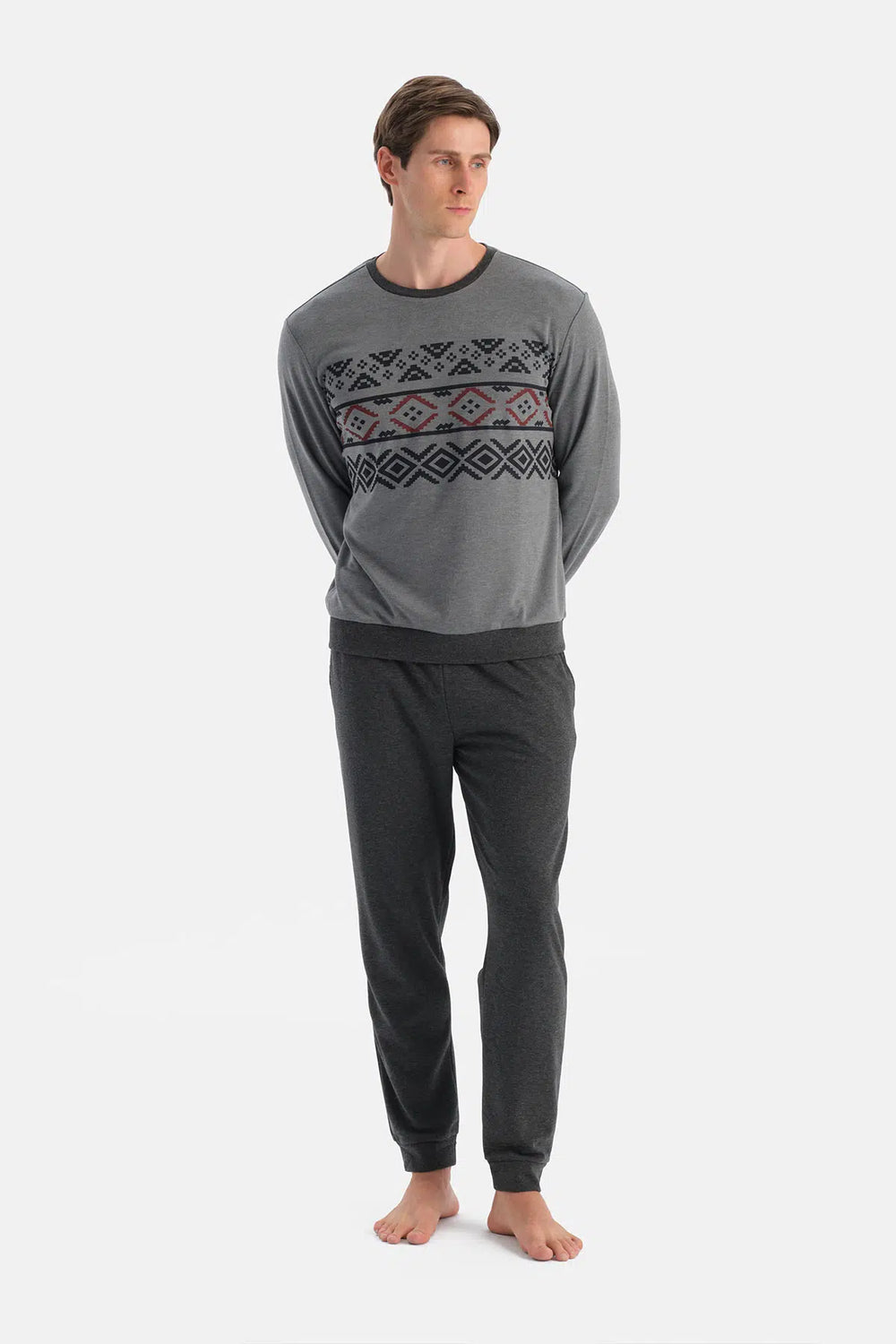 Antrasit Melanj Jakar Desenli Interlok Pijama Takımı