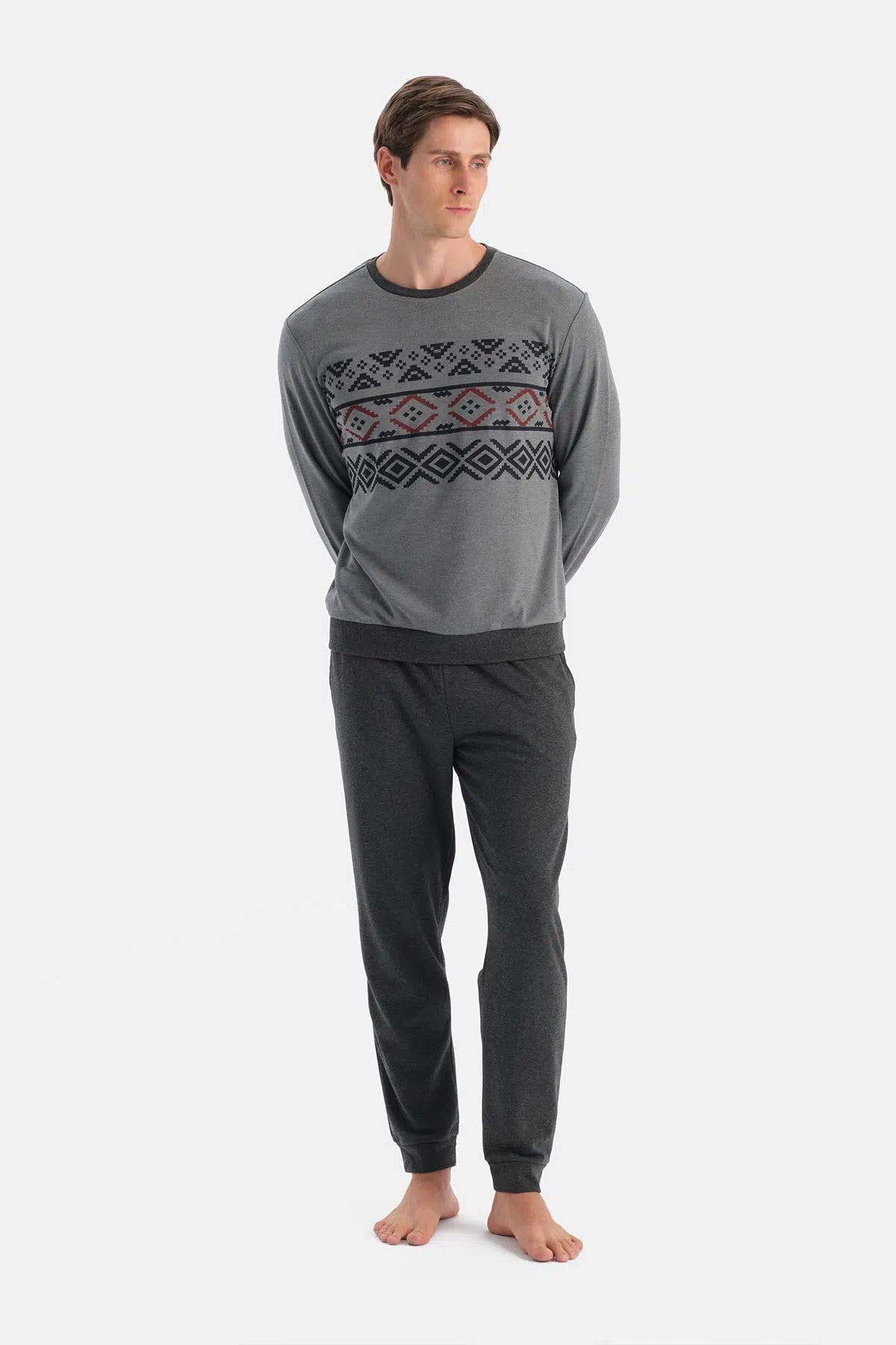 Antrasit Melanj Jakar Desenli Interlok Pijama Takımı