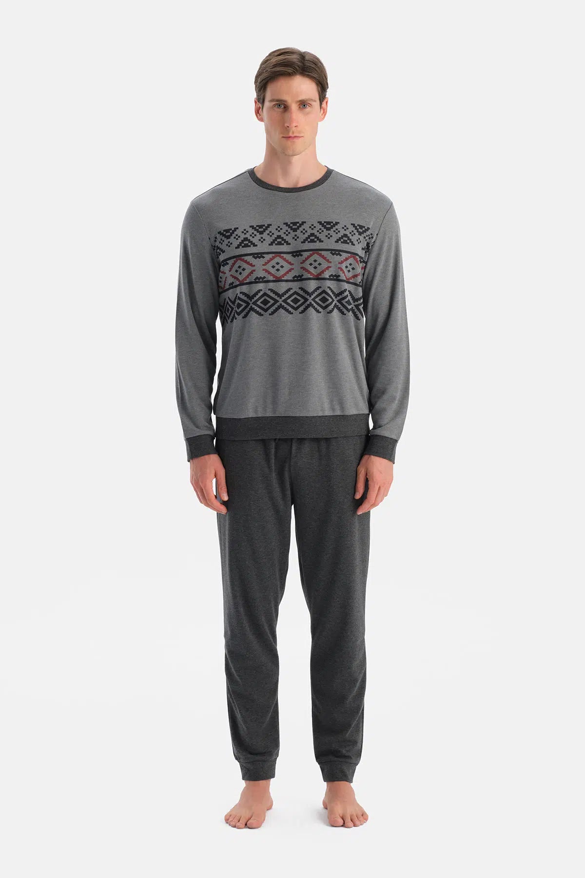 Antrasit Melanj Jakar Desenli Interlok Pijama Takımı