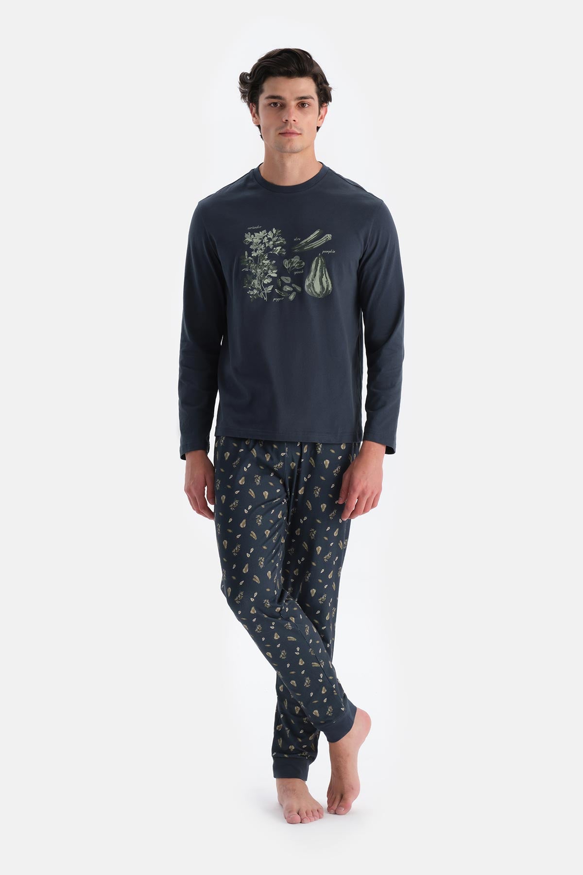 Lacivert Bisiklet Yaka Baskılı Tişört Pantolon Pijama Takımı