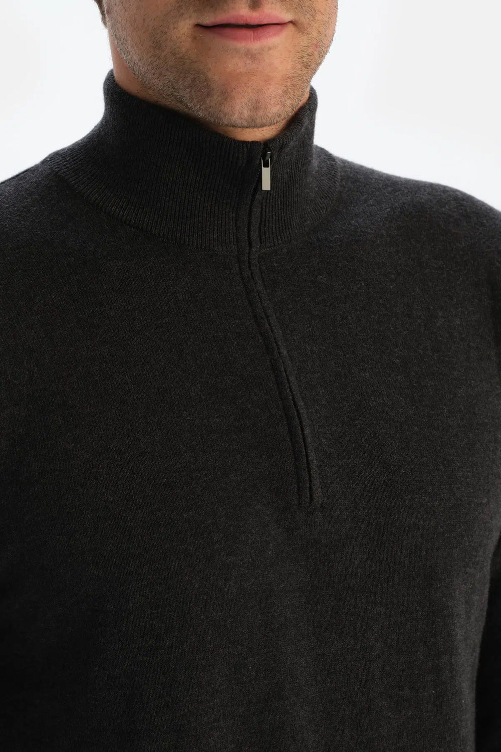 Antrasıt Erkek Kaşmir Karışımlı Fermuar Yaka Triko